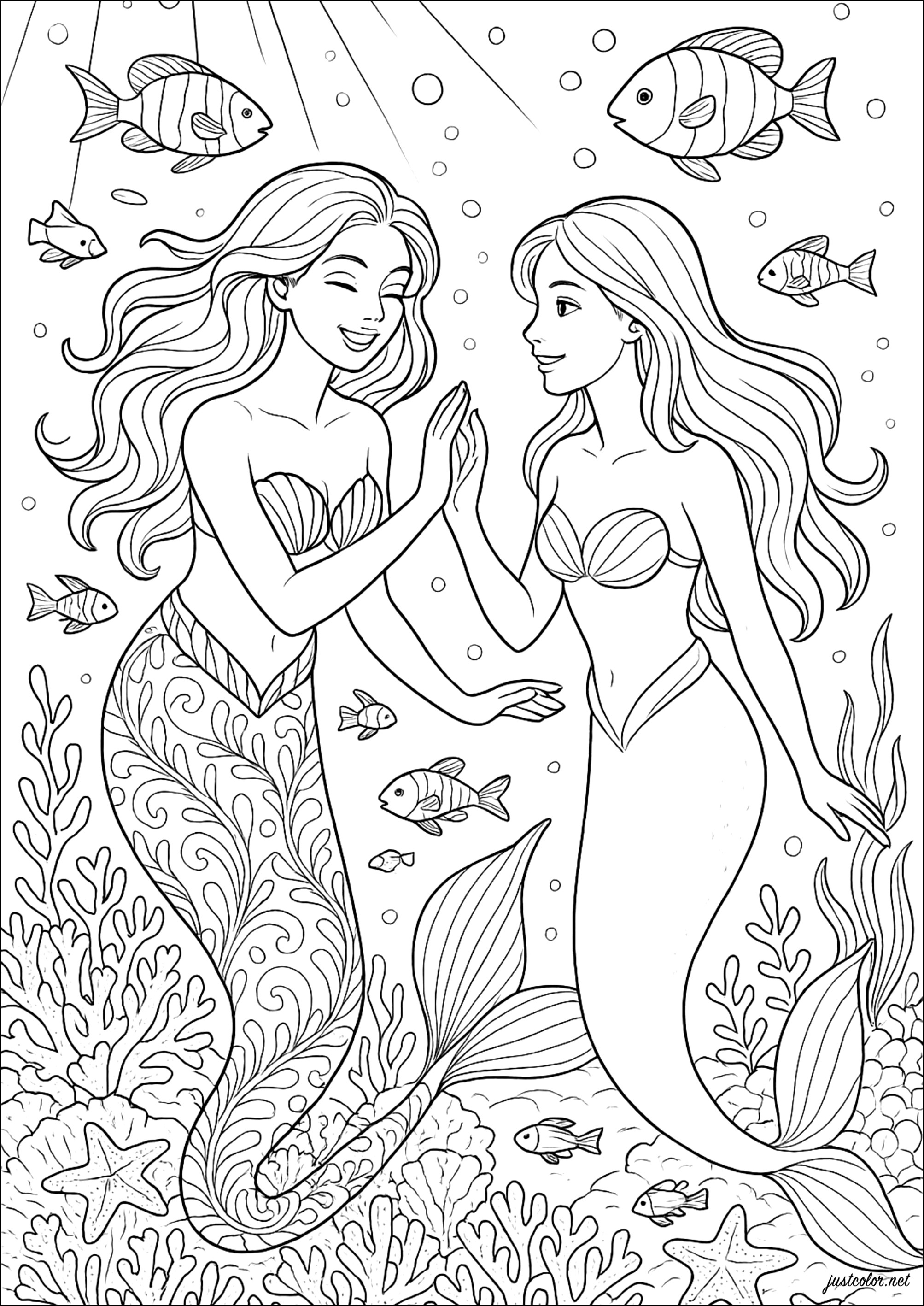 Eine magische Begegnung in den Tiefen (Ausmalbild von Meerjungfrauen zum Ausdrucken und Ausmalen für Erwachsene)