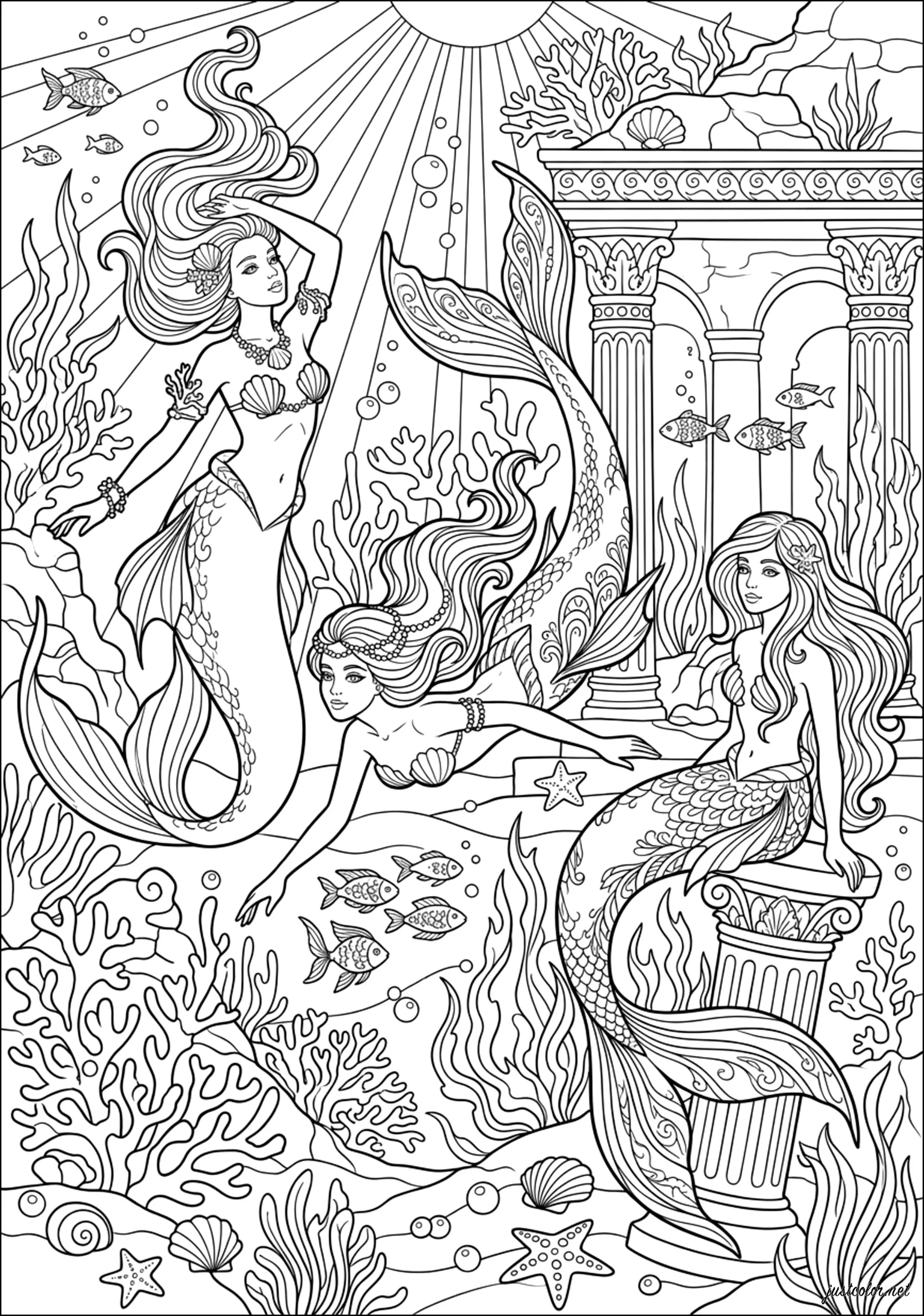 Drei Meerjungfrauen in der Nähe von Unterwassersäulen (Ausmalbild zum Ausdrucken und Ausmalen für Erwachsene)