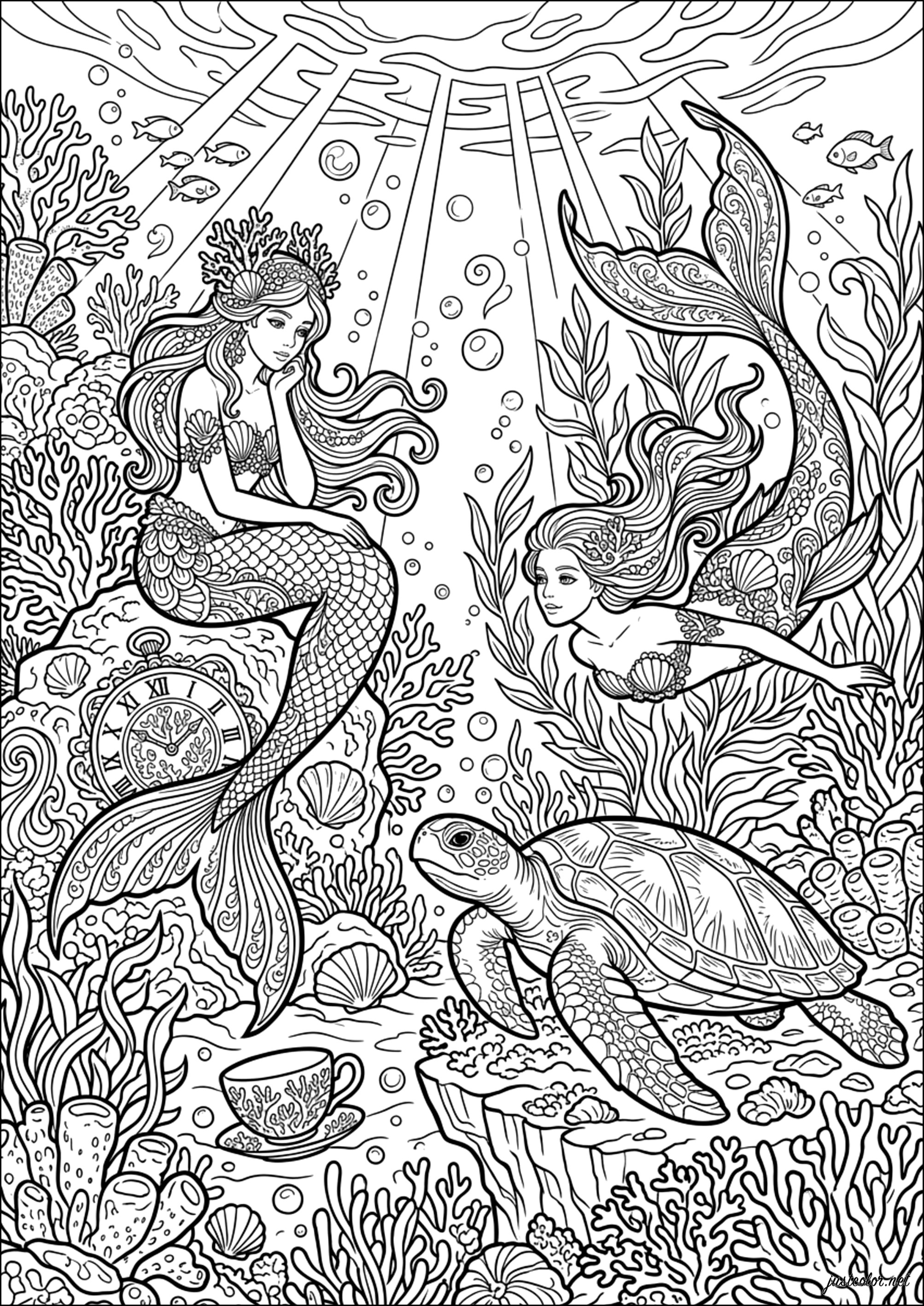 Traumhafte Sirenen und die große Schildkröte (Ausmalbild von Meerjungfrauen zum Ausdrucken und Ausmalen für Erwachsene)