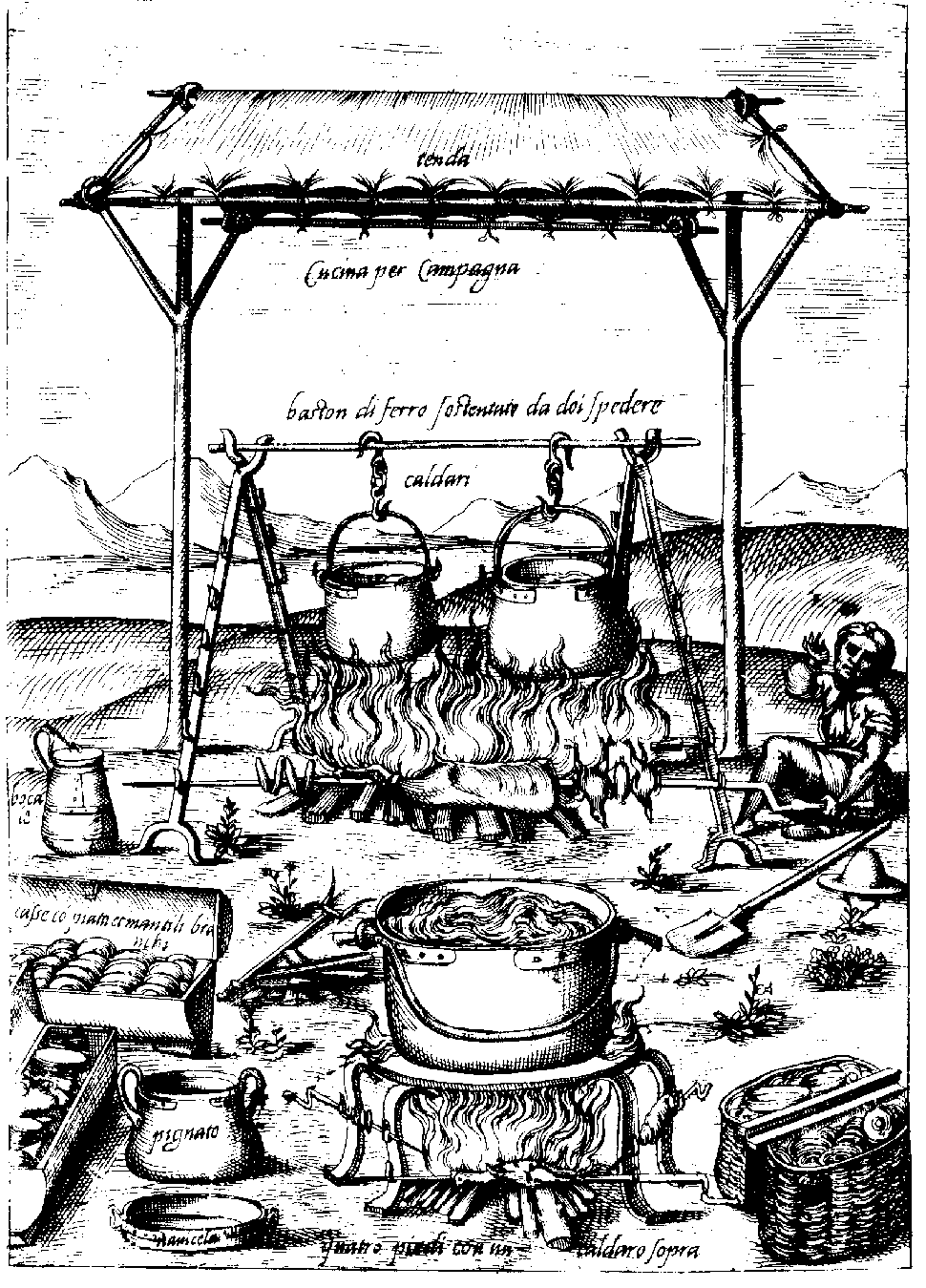 Gravur mit Kesseln und anderen Küchenutensilien in vollem Gebrauch. Alter mittelalterlicher Kupferstich, Künstler : Urielle