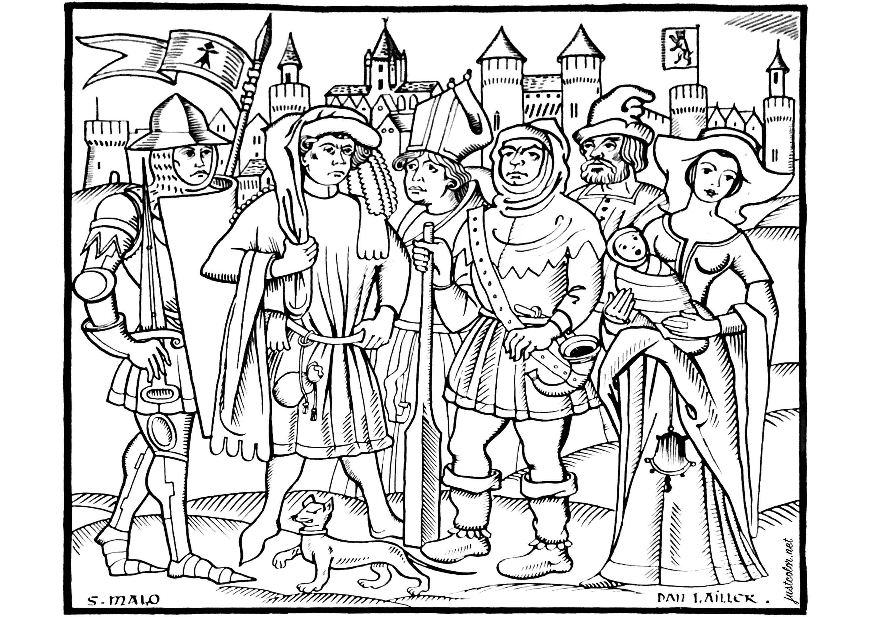 Ausmalbild nach einer Illustration, die eine mittelalterliche Szene in Saint Malo zeigt. Originalillustration von Dan Lailler (1919, 2001)