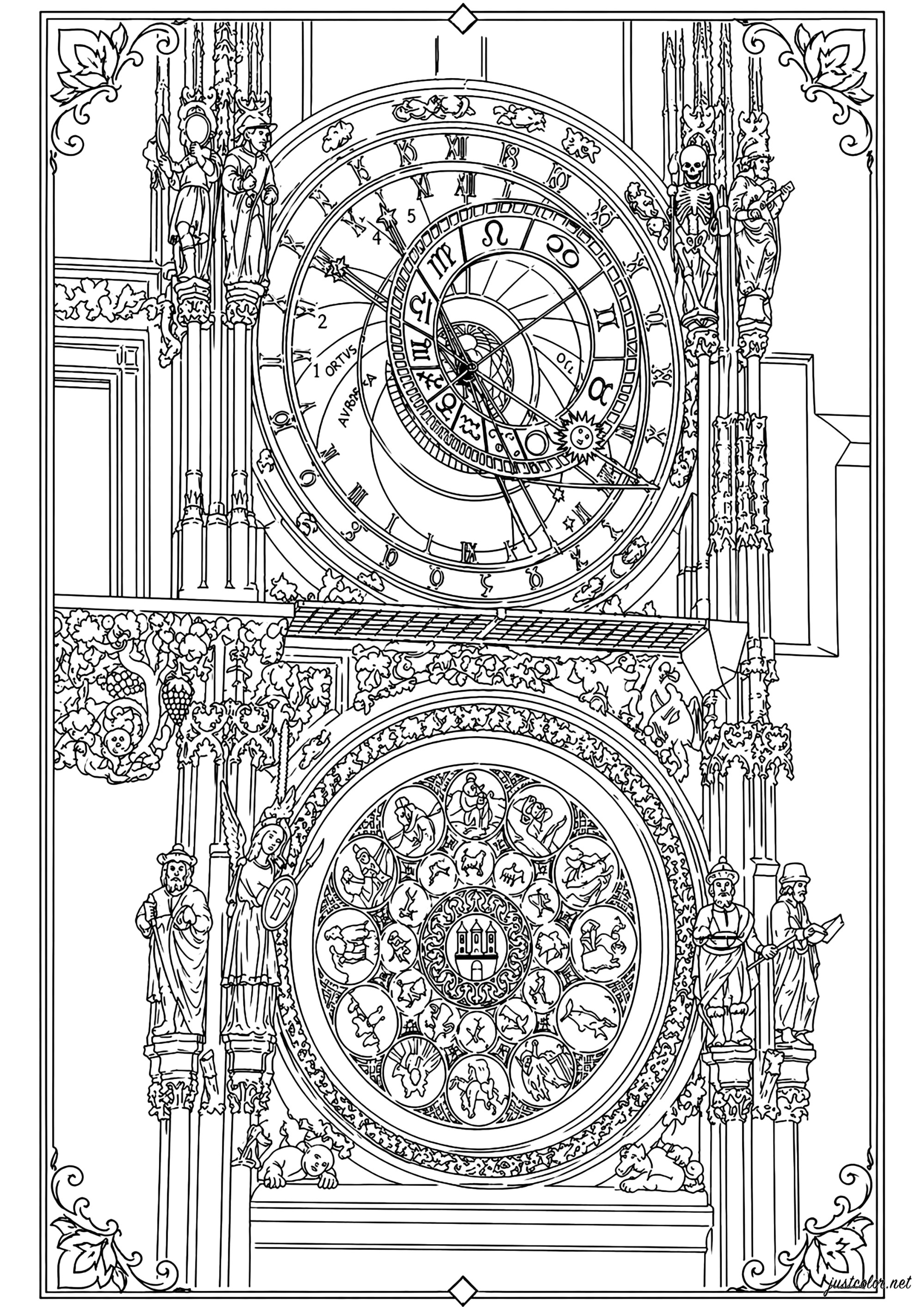 Prager Astronomische Uhr - Gotisches Meisterwerk und mystisches Wunder (Ausmalbild von Mittelalter zum Ausdrucken und Ausmalen für Erwachsene)