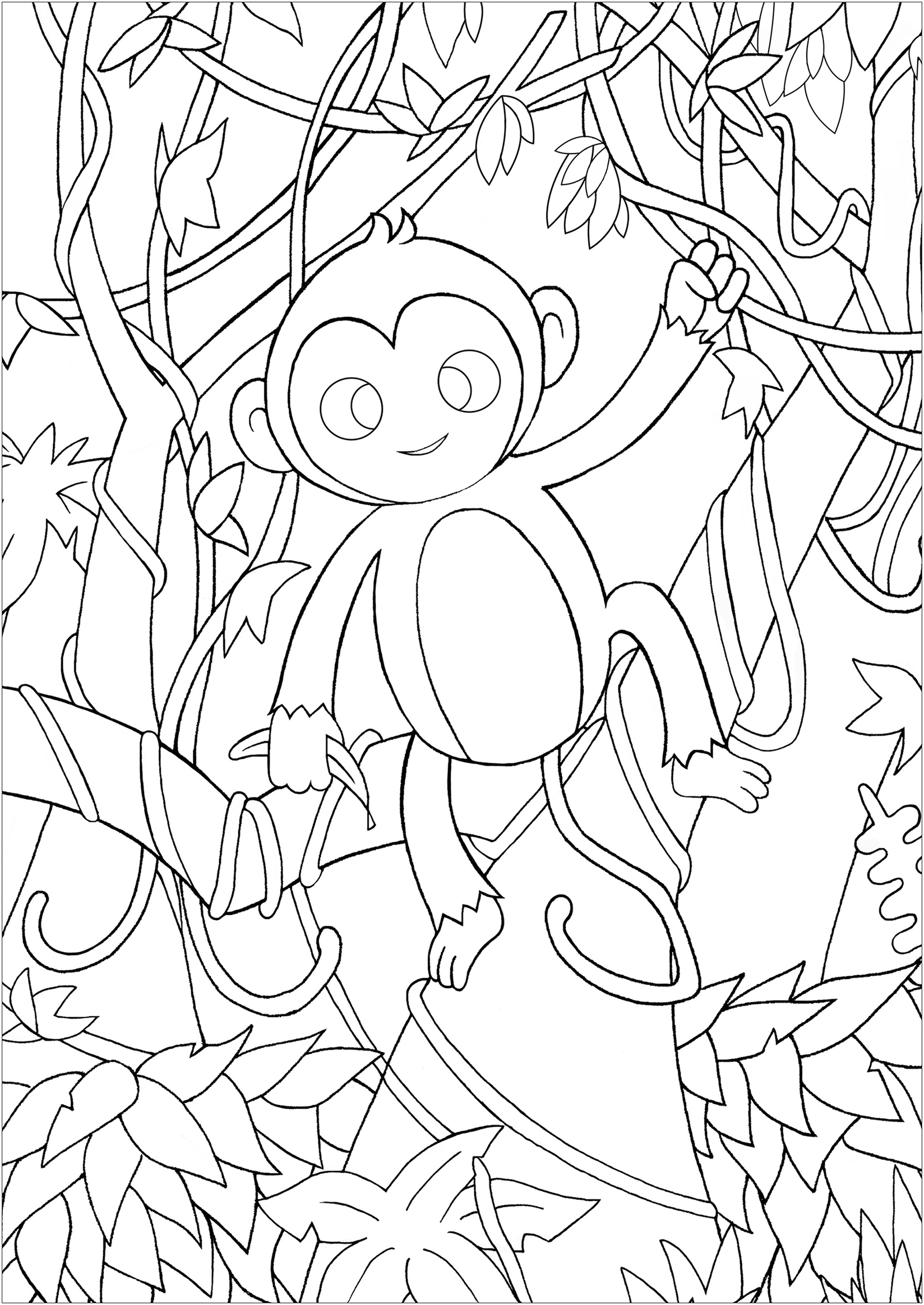 Ein niedlicher Affe zwischen den Lianen, Blättern und Zweigen des Dschungels