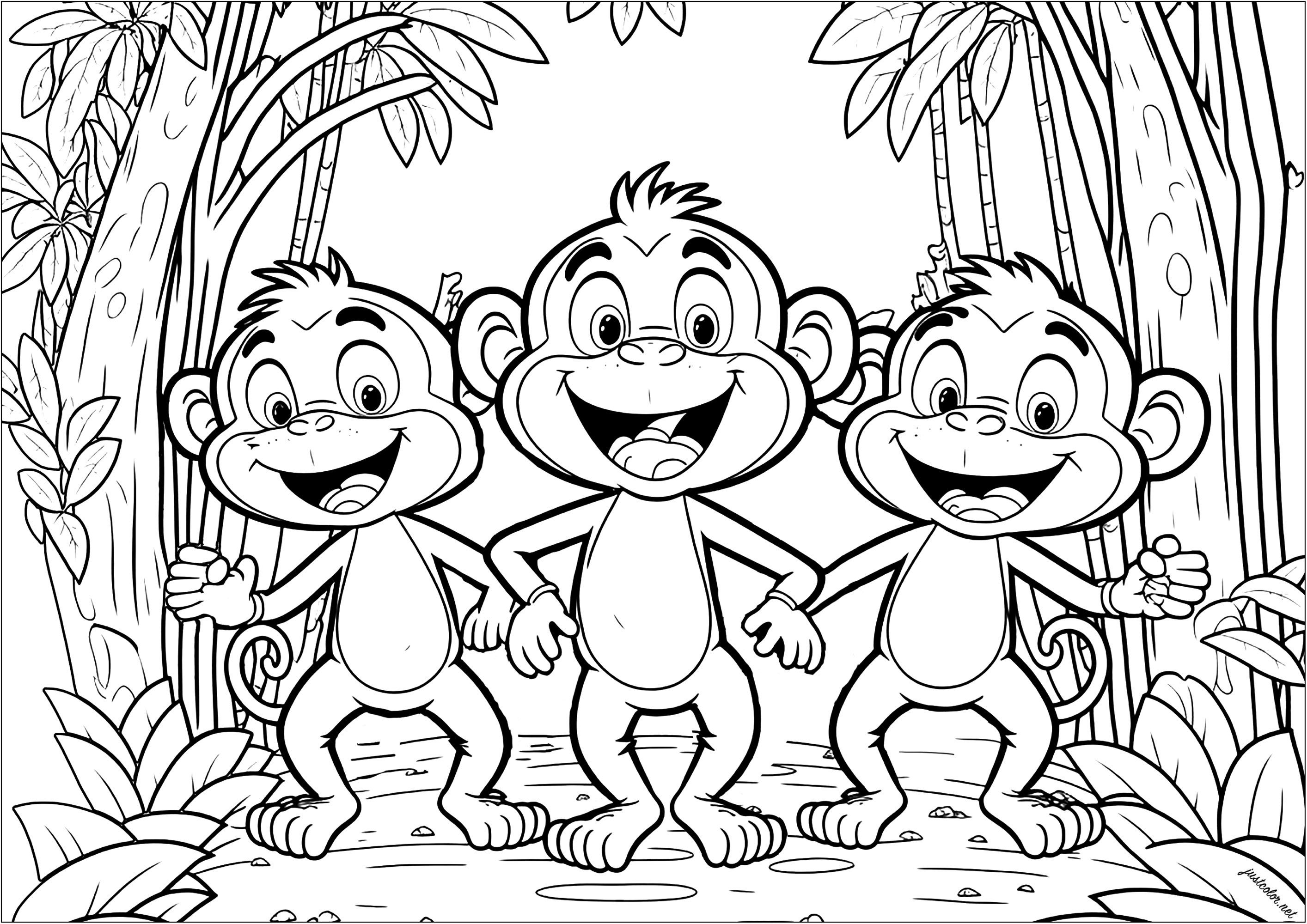 Drei lustige Affen zum Ausmalen. Diese Primaten sehen sehr kindlich aus, aber die Vegetation im Hintergrund macht die Farbgebung recht komplex.