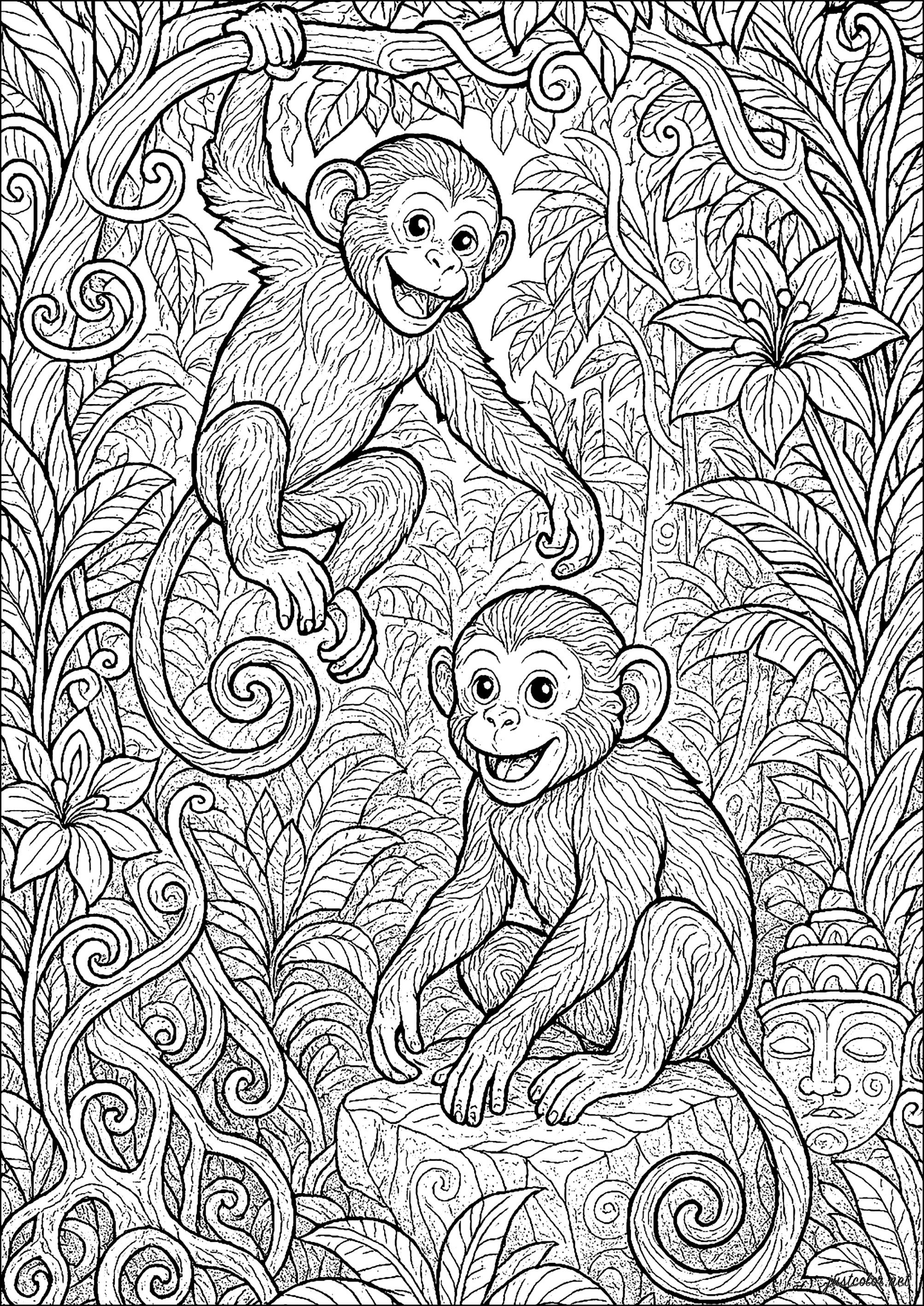 Monkeys-1172 (Ausmalbild von Affen zum Ausdrucken und Ausmalen für Erwachsene)