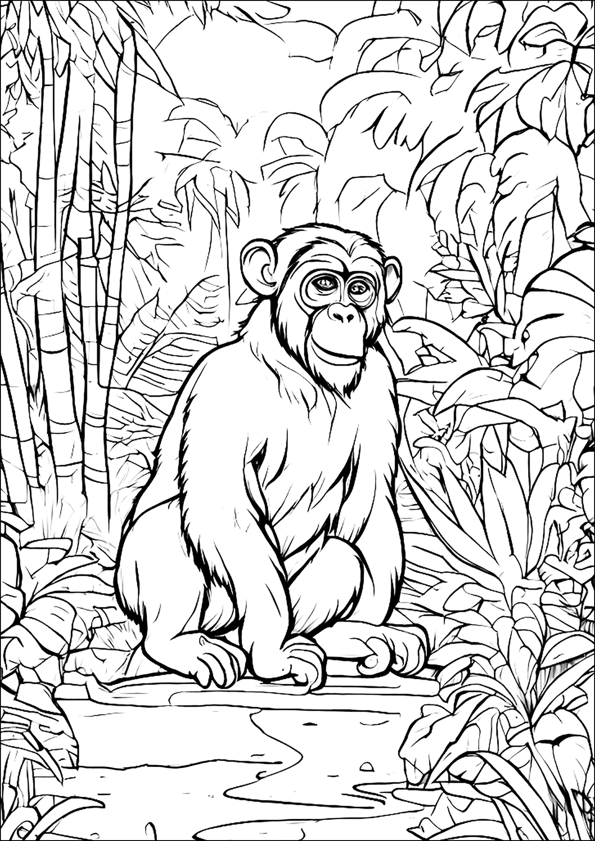 Alter Affe im Wald (Ausmalbild von Affen zum Ausdrucken und Ausmalen für Erwachsene)