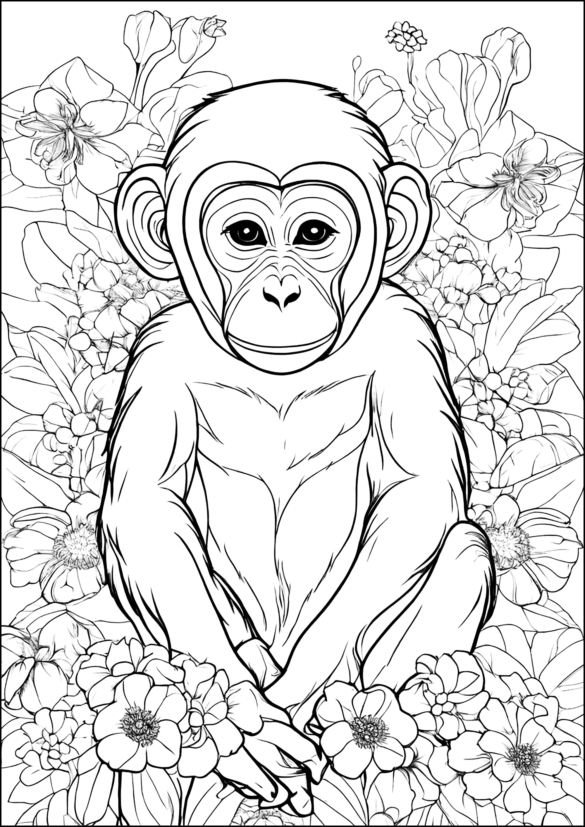 Junger Affe umgeben von Blumen (Ausmalbild von Affen zum Ausdrucken und Ausmalen für Erwachsene)