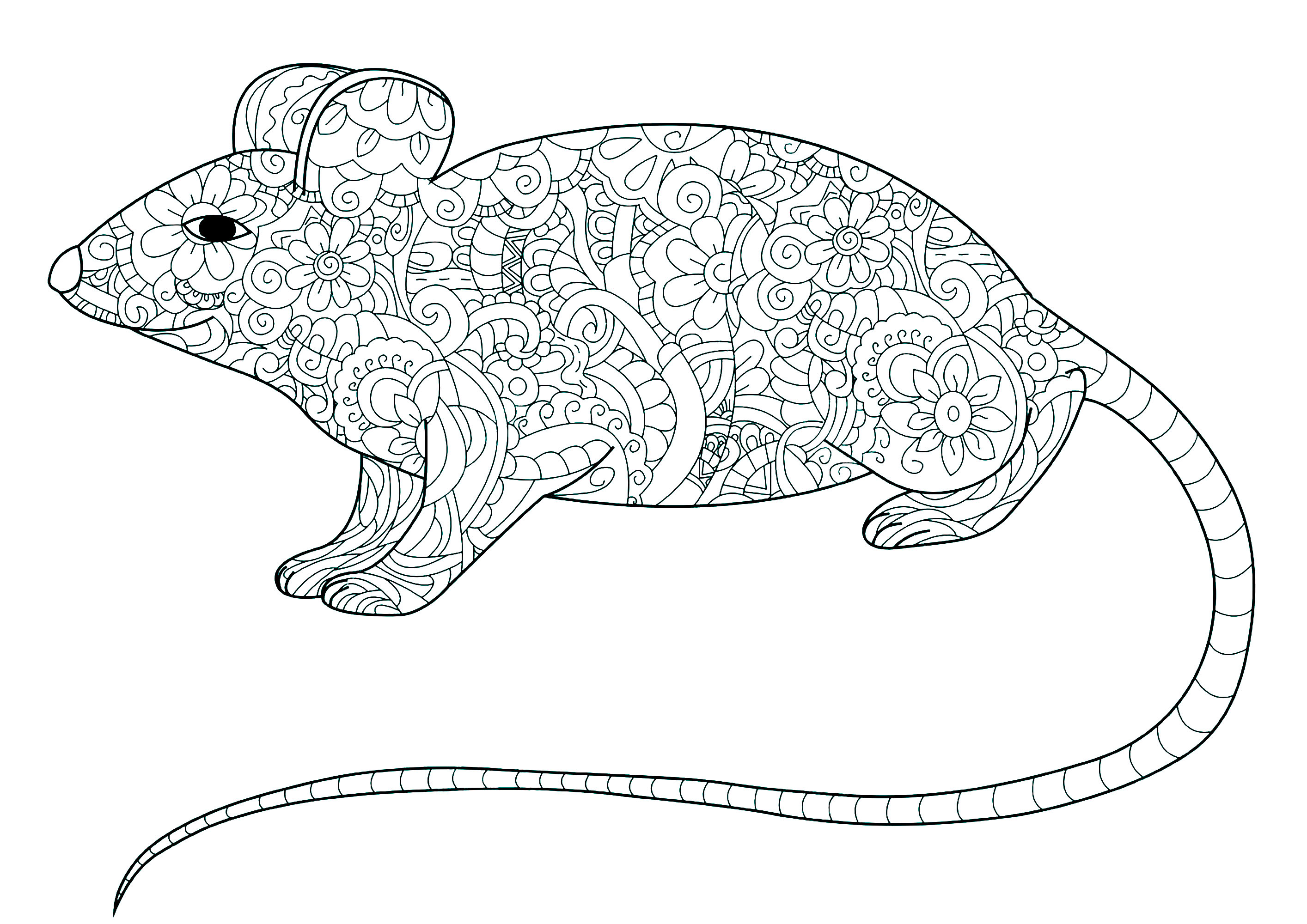 Ausmalbild einer Maus mit langem Schwanz und der Körper gefüllt mit floralen Mustern