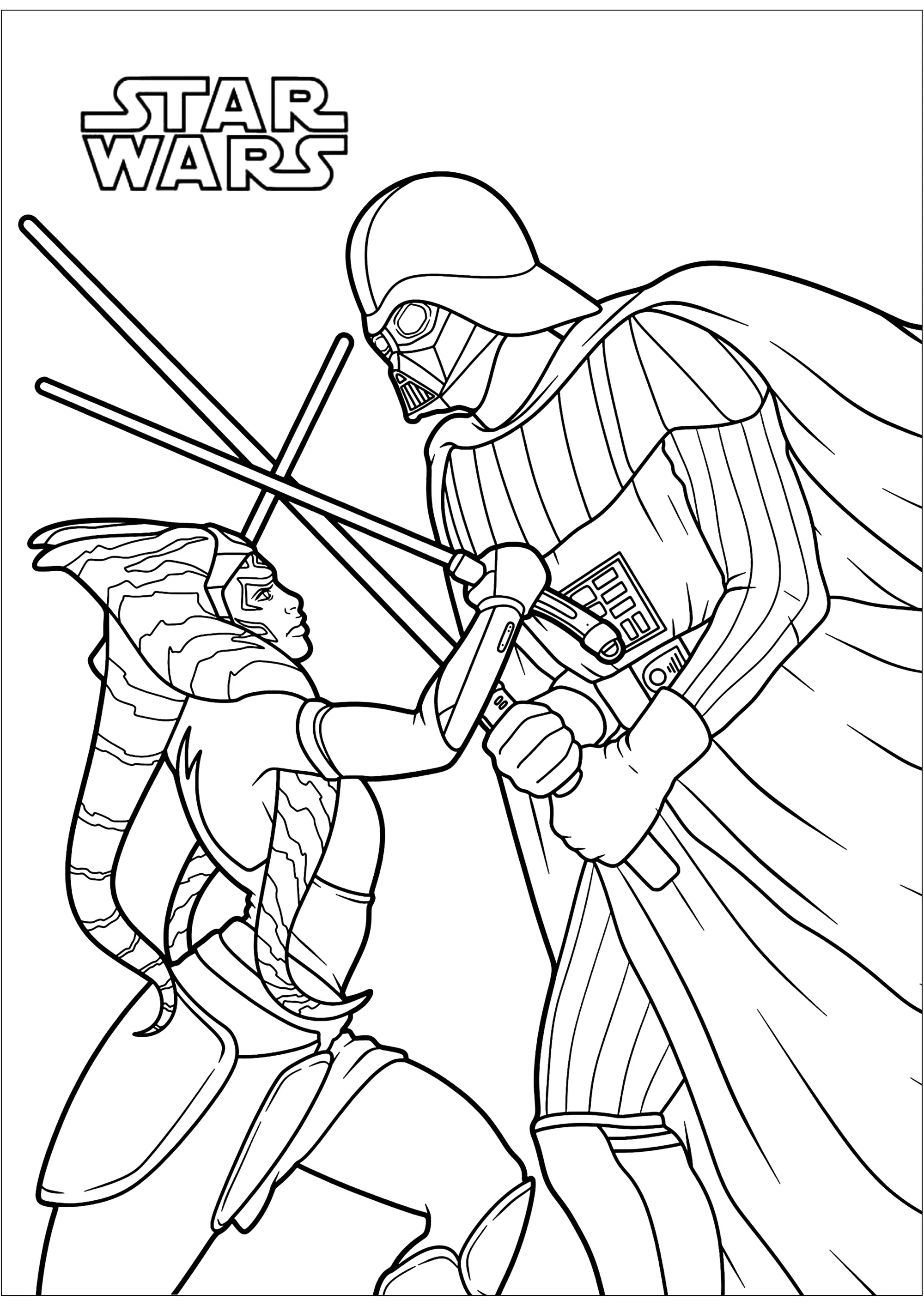 Ahsoka Tano gegen Dark Vador (Ausmalbild von Filmplakate zum Ausdrucken und Ausmalen für Erwachsene)