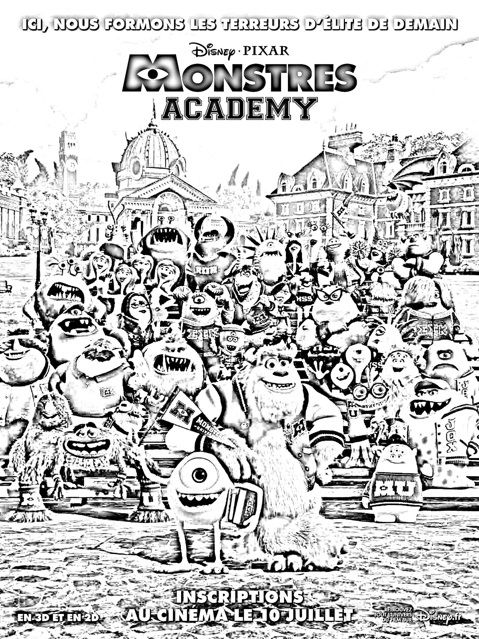 Ausmalbild nach dem Plakat des Films Monsters Academy (Disney / Pixar). Alle diese Uhren lächeln und sind glücklich, und man kann ihre unterschiedlichen Charaktere und Persönlichkeiten in ihrem Gesichtsausdruck erkennen.