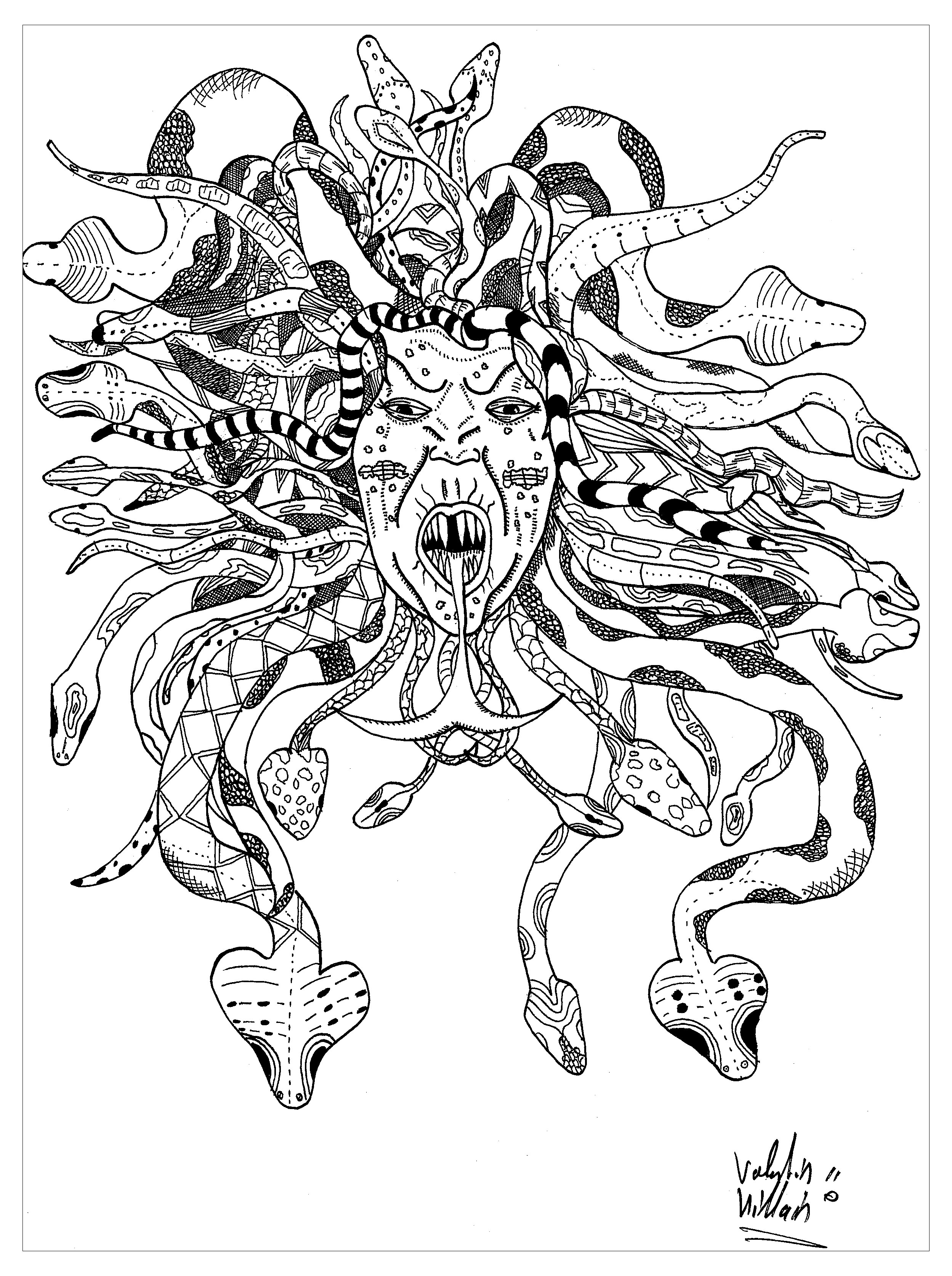 Färbung der Medusa. Hier ist eine prächtige Darstellung der mythischen Gorgone Medusa. Ihr Gesicht ist von einer Mähne umgeben, die mit Schlangen verflochten ist, was ihr ein furchterregendes Aussehen verleiht, Künstler : Valentin