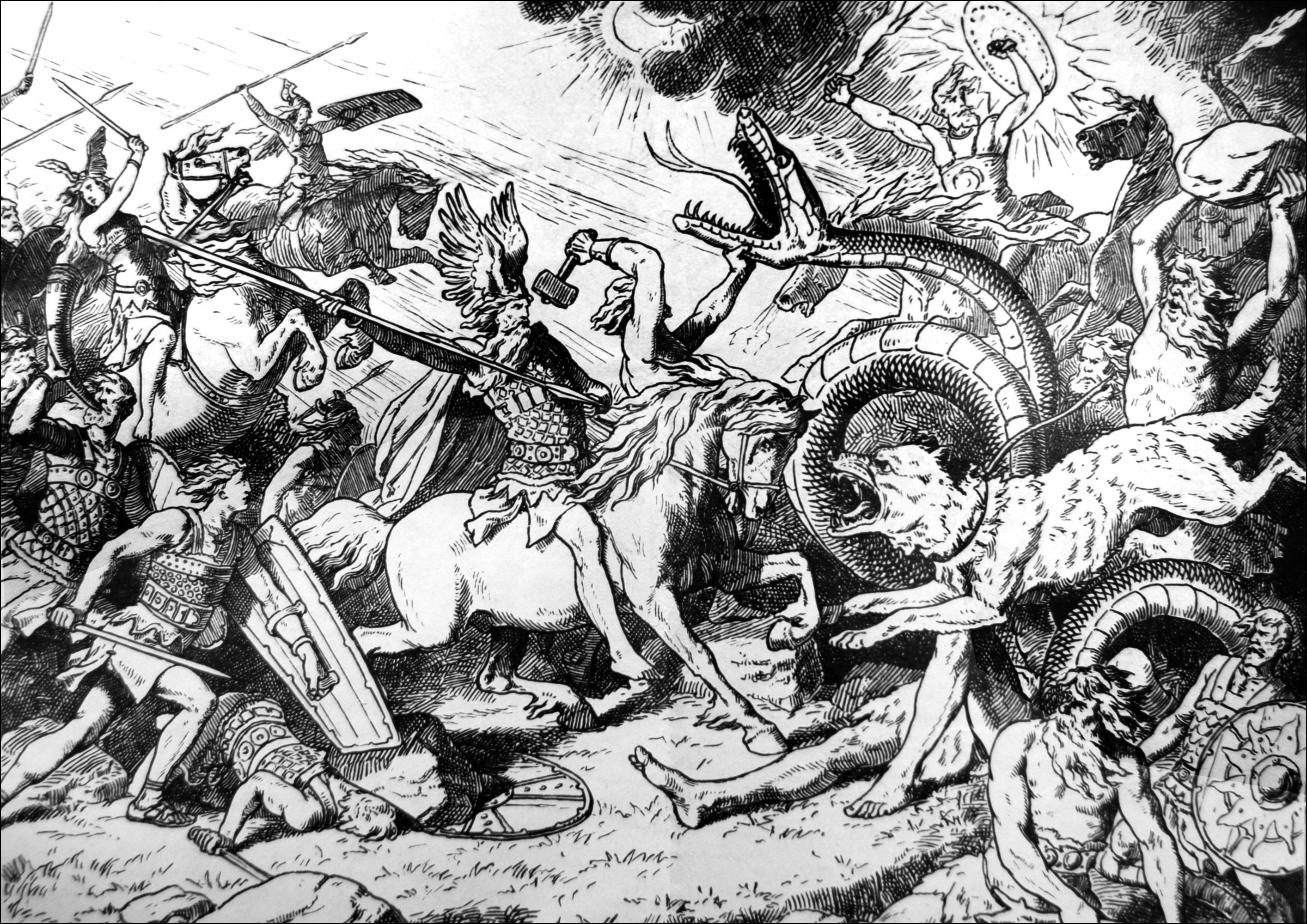 Ragnarök, der Jüngste Tag der Wikinger - Illustration von Johannes Gehrts (1855, 1921). Ragnarök ist die Apokalypse in der nordischen Mythologie. Sie