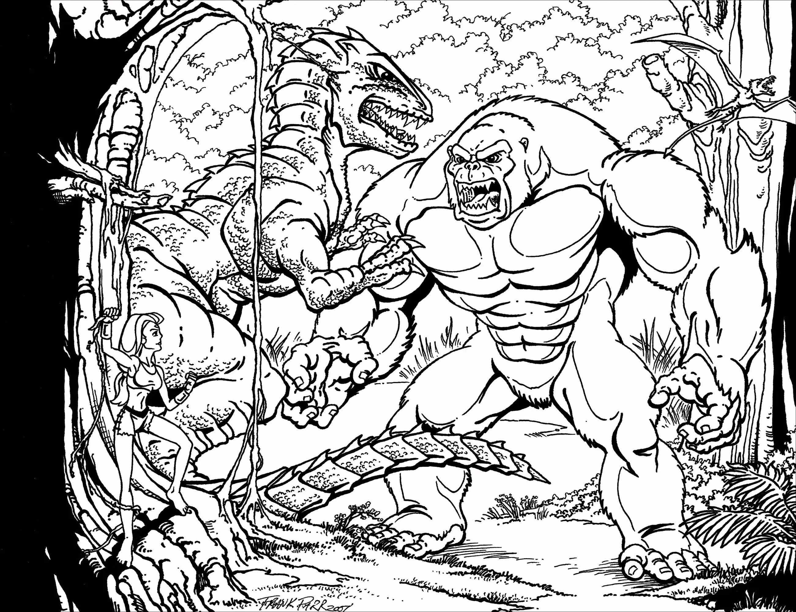 Kong gegen Gorasaurus (Ausmalbild von Mythen & Legenden zum Ausdrucken und Ausmalen für Erwachsene)