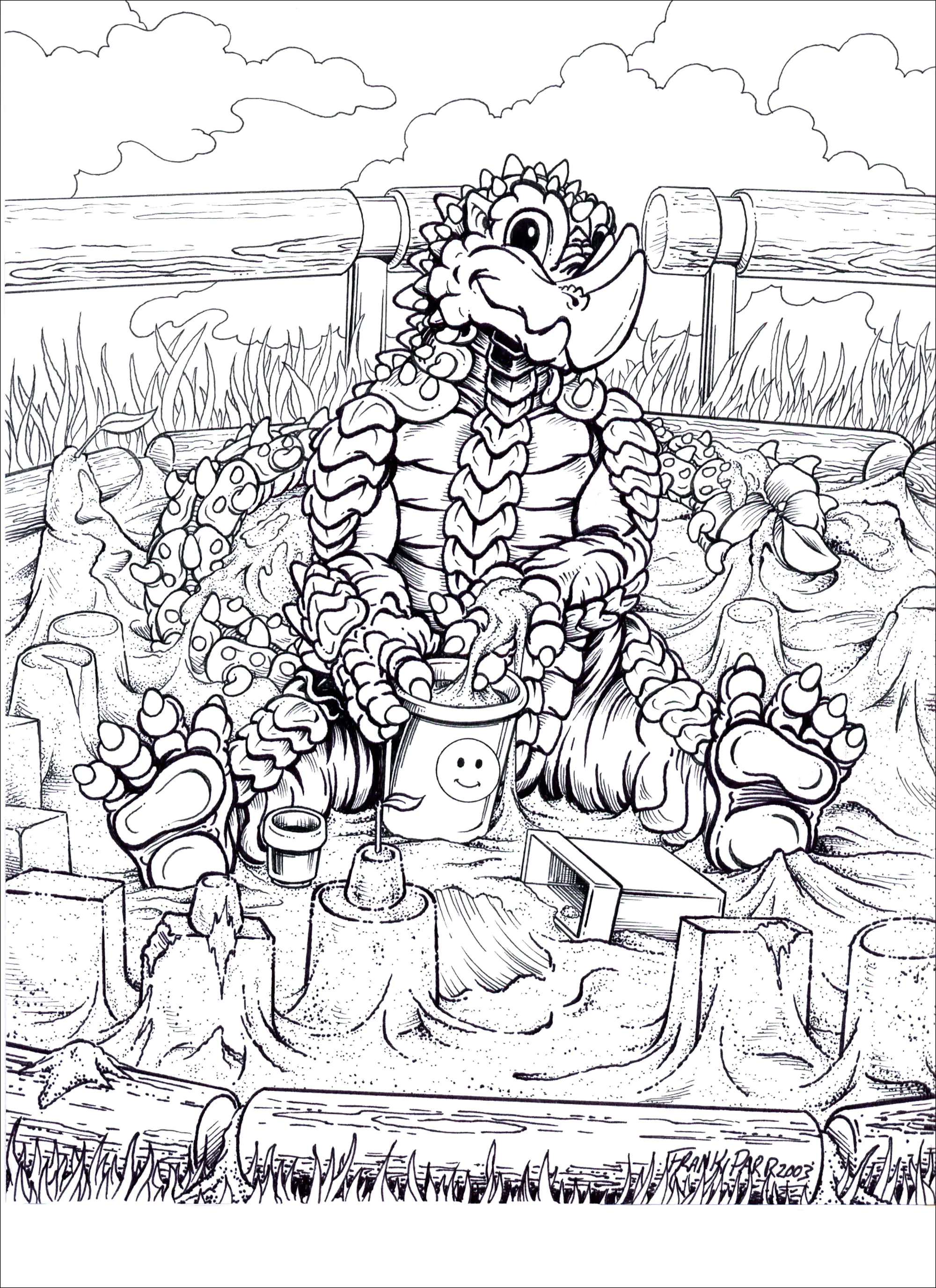 Rocky der Dinosaurier (Ausmalbild von Frank Parr zum Ausdrucken und Ausmalen für Erwachsene)