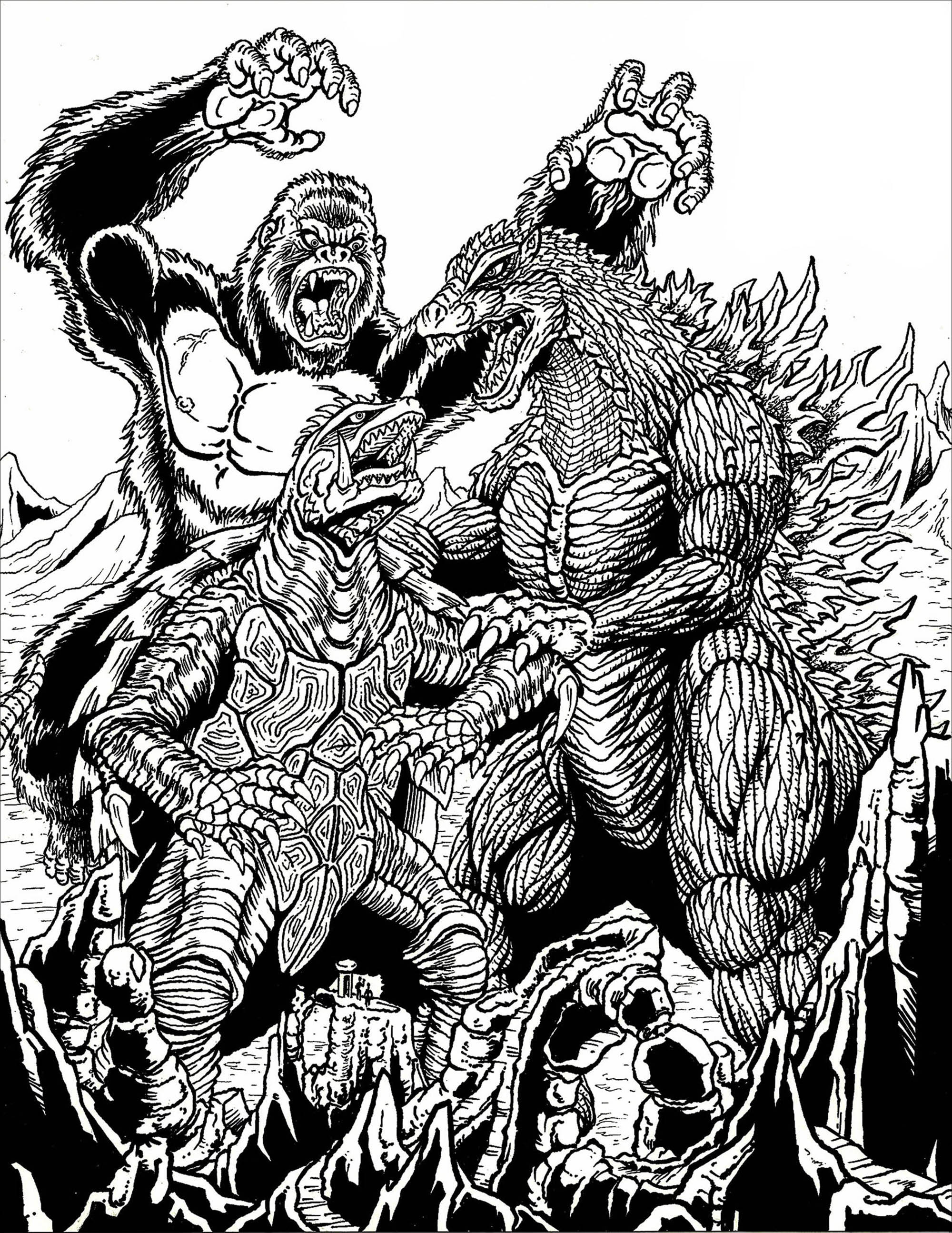 Kong gegen Gamera gegen Godzilla (Ausmalbild von Mythen & Legenden) Kong gegen Gamera gegen Godzilla (Ausmalbild von Mythen & Legenden zum Ausdrucken und Ausmalen für Erwachsene)