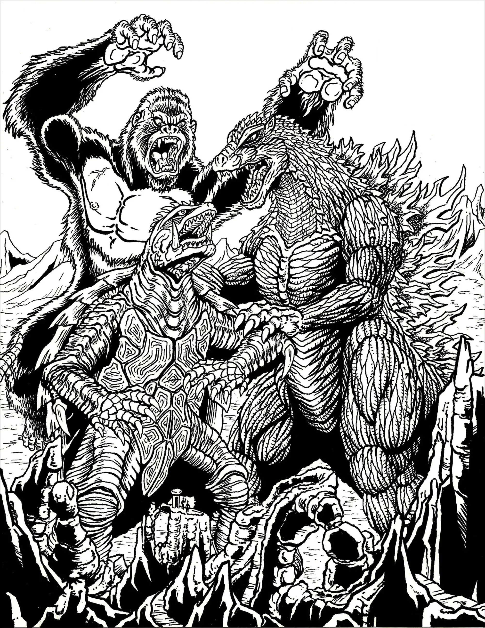 Kong gegen Gamera gegen Godzilla (Ausmalbild von Frank Parr zum Ausdrucken und Ausmalen für Erwachsene)