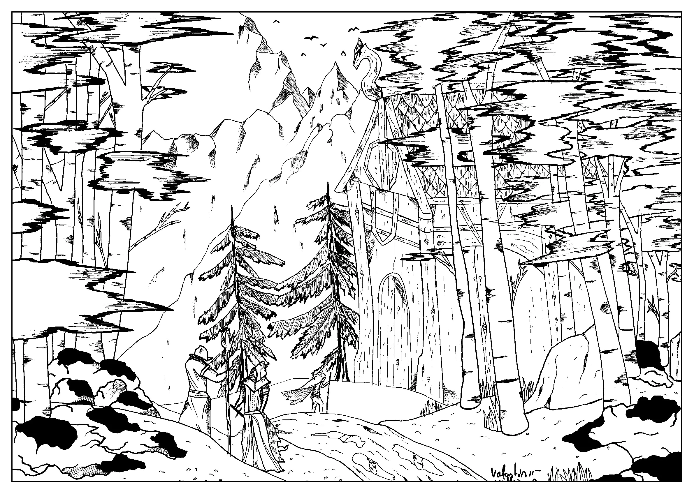 Wikingerhaus im Wald (Ausmalbild von valentin zum Ausdrucken und Ausmalen für Erwachsene)