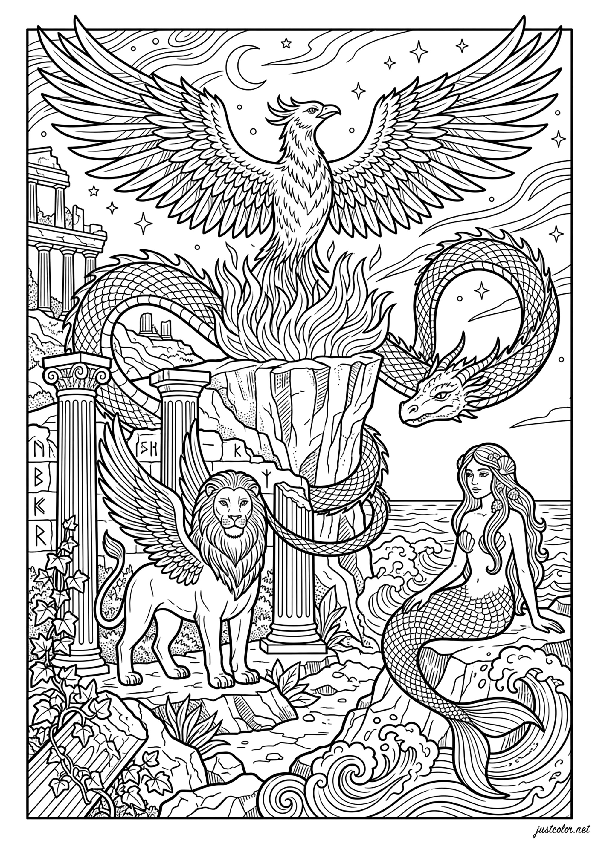 Das mythologische Bestiarium – Legendäre Kreaturen (Ausmalbild von Mythen & Legenden zum Ausdrucken und Ausmalen für Erwachsene)