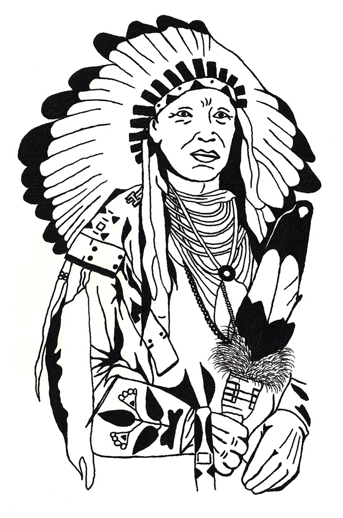Indianerhäuptling (Ausmalbild von Inder von Amerika zum Ausdrucken und Ausmalen für Erwachsene)