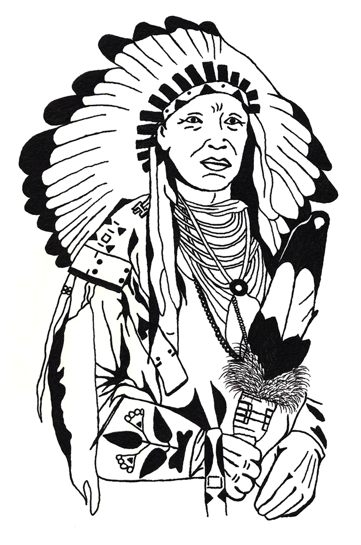 Indianerhäuptling (Ausmalbild von Inder von Amerika zum Ausdrucken und Ausmalen für Erwachsene)