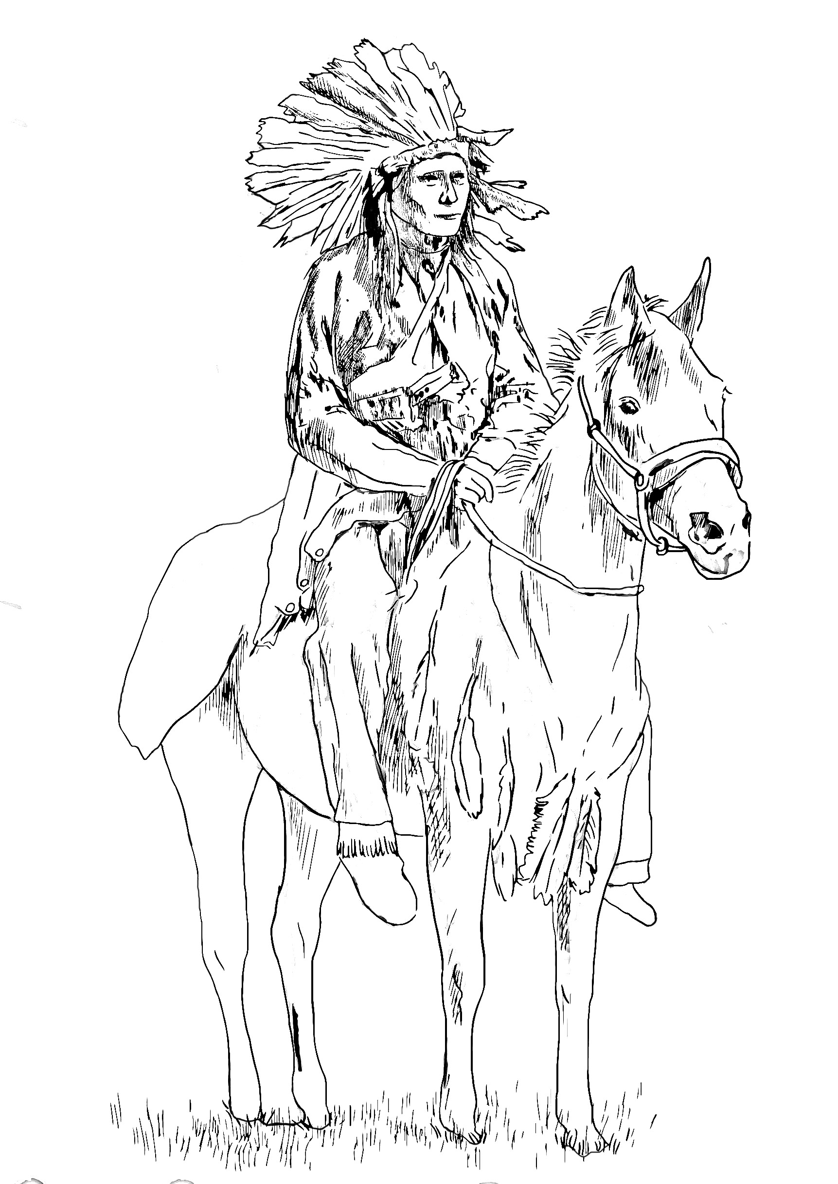 Indischer Koch reitet auf einem Pferd (Ausmalbild von Inder von Amerika zum Ausdrucken und Ausmalen für Erwachsene)