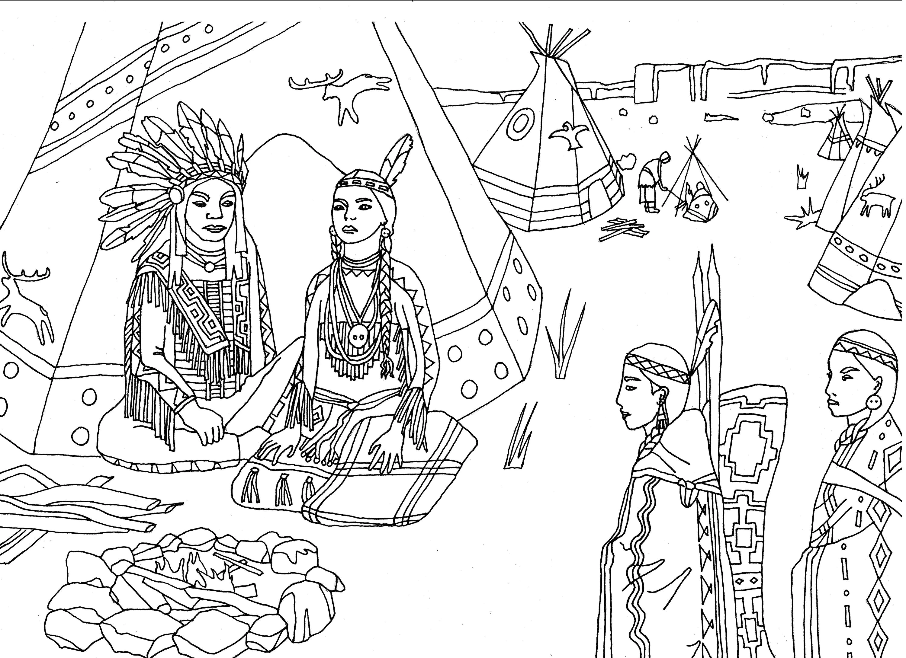 Amerikanische Ureinwohner (Indianer) saßen vor einem Tipi (Ausmalbild von Marion C zum Ausdrucken und Ausmalen für Erwachsene)