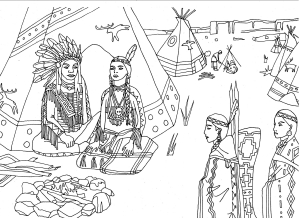 Amerikanische Ureinwohner (Indianer) saßen vor einem Tipi (Ausmalbild von Inder von Amerika)