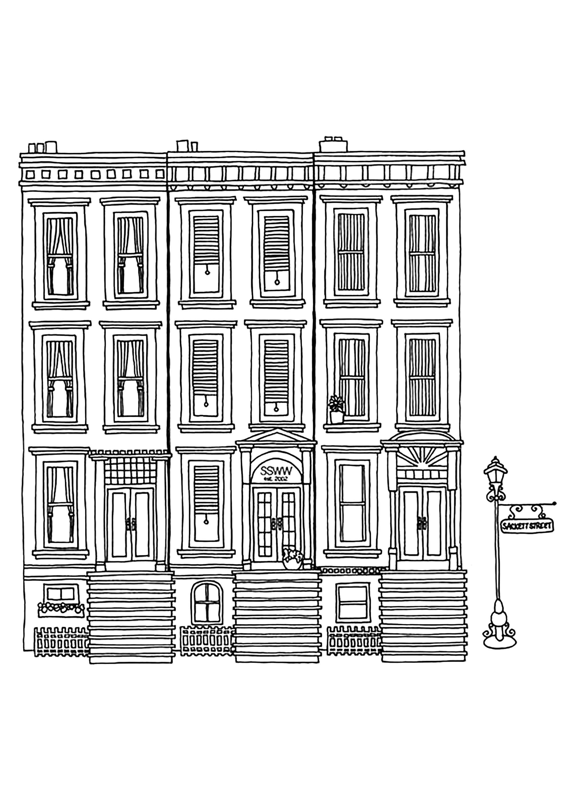 Brownstone in der Upper West Side in New York City (Ausmalbild zum Ausdrucken und Ausmalen für Erwachsene)