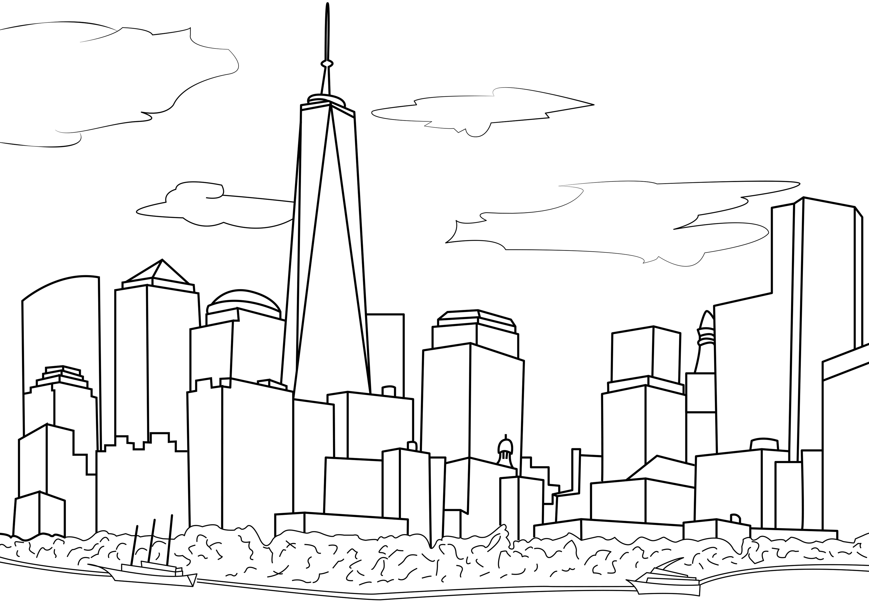 Einfache Zeichnung, die die Skyline von New York darstellt. Die Skyline von New York City ist ikonisch und auf der ganzen Welt wiedererkennbar. Sie zeigt viele berühmte Wolkenkratzer wie das Empire State Building, das Chrysler Building und das One World Trade Center. Auf dieser Zeichnung ist nur das One World Trade Center zu sehen, die anderen Gebäude sind fiktiv.
