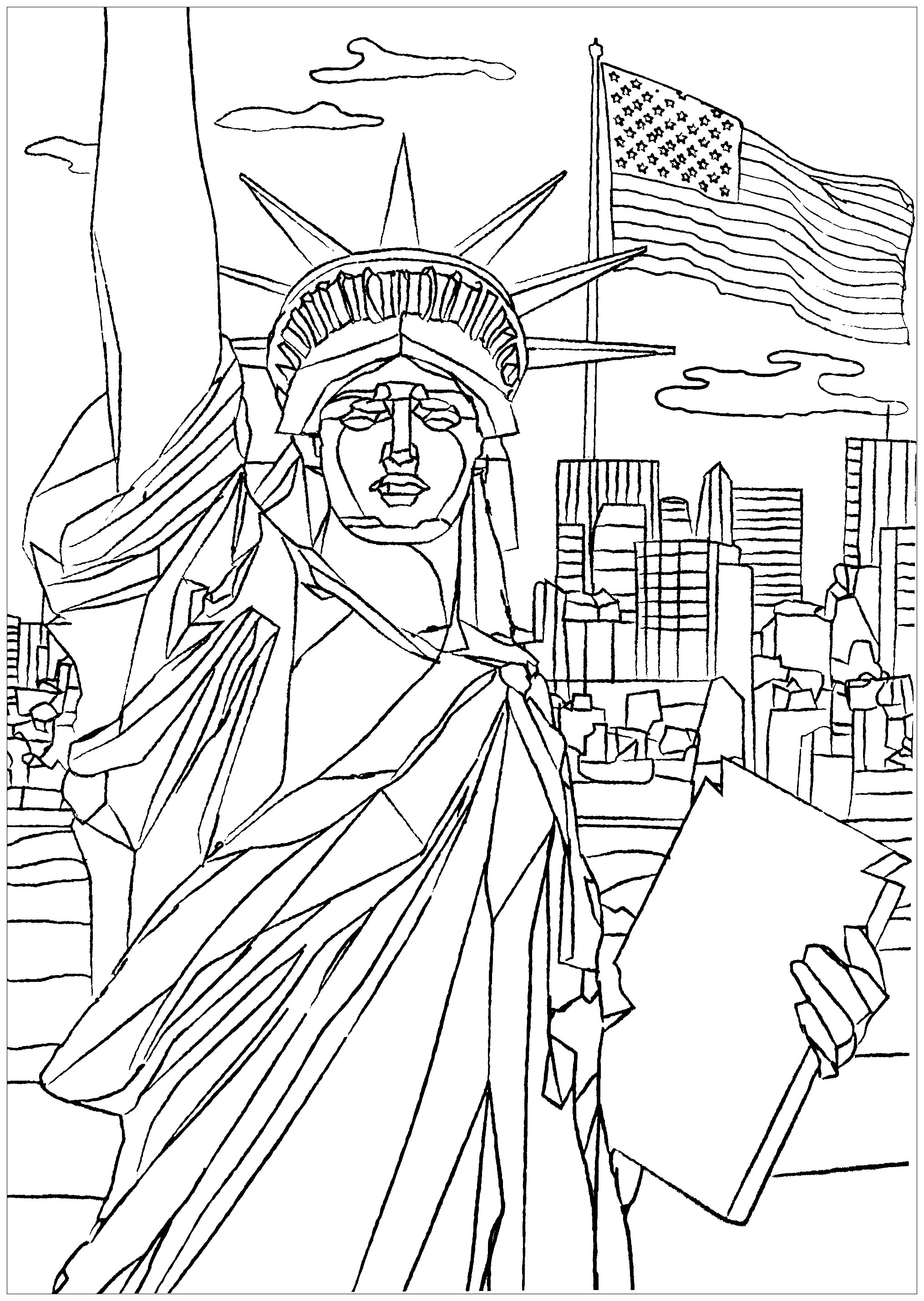 'Die Freiheitsstatue, die die Welt erleuchtet' war ein Freundschaftsgeschenk des französischen Volkes an die Vereinigten Staaten. Farbe 'Miss Liberty' und die Wolkenkratzer an der Spitze von Manhattan