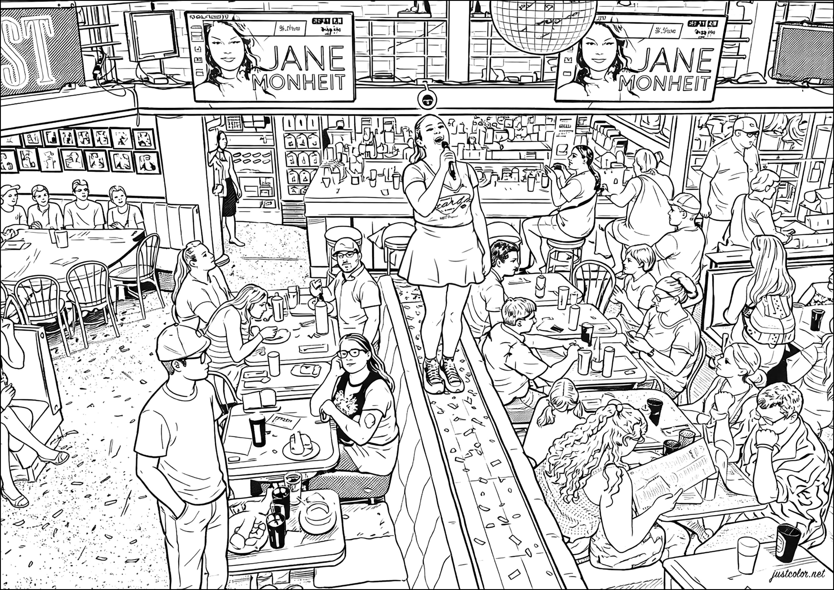 Eine lebhafte Atmosphäre im Ellen's Stardust Diner (Ausmalbild von New York zum Ausdrucken und Ausmalen für Erwachsene)