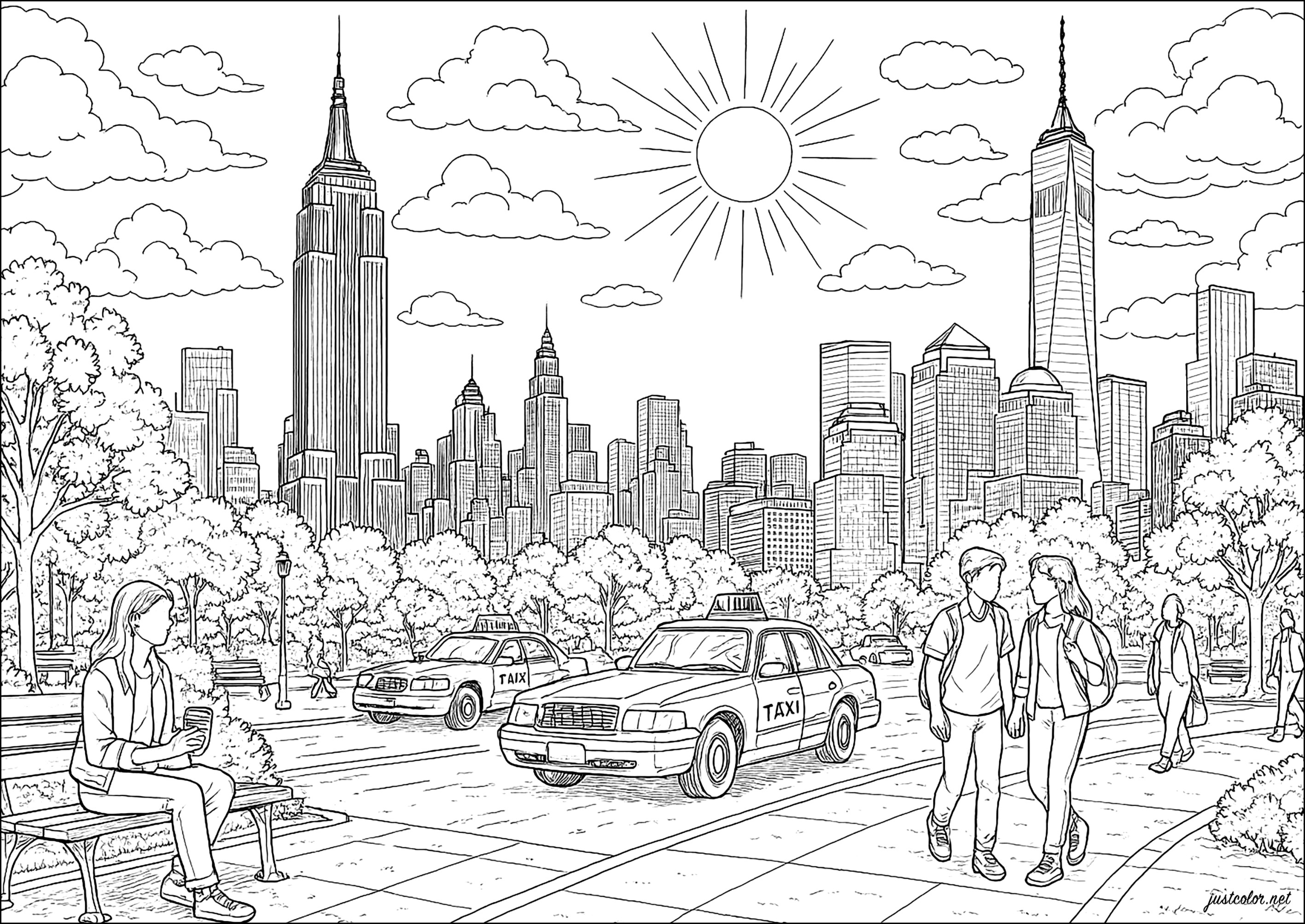 Manhattan Stadtpanorama (Ausmalbild von New York zum Ausdrucken und Ausmalen für Erwachsene)