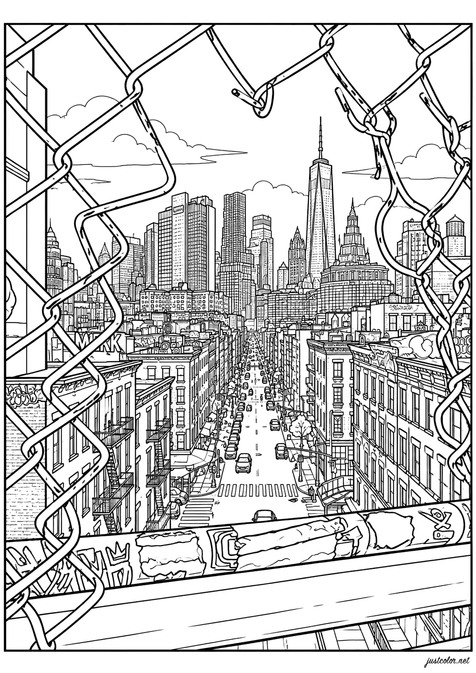 Gebäude an der Spitze von New York gesehen von der Manhattan Bridge (Ausmalbild zum Ausdrucken und Ausmalen für Erwachsene)