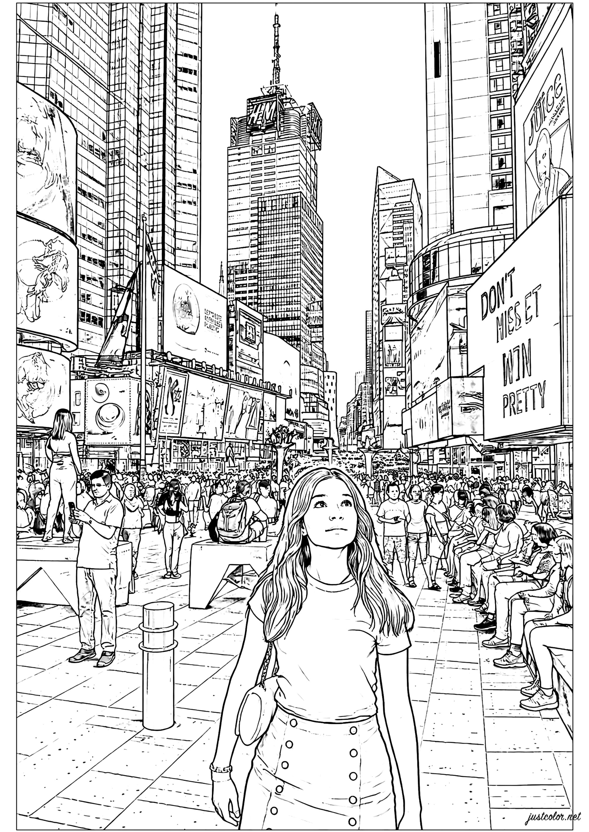 Janine entdeckt den Times Square (Ausmalbild von New York zum Ausdrucken und Ausmalen für Erwachsene)