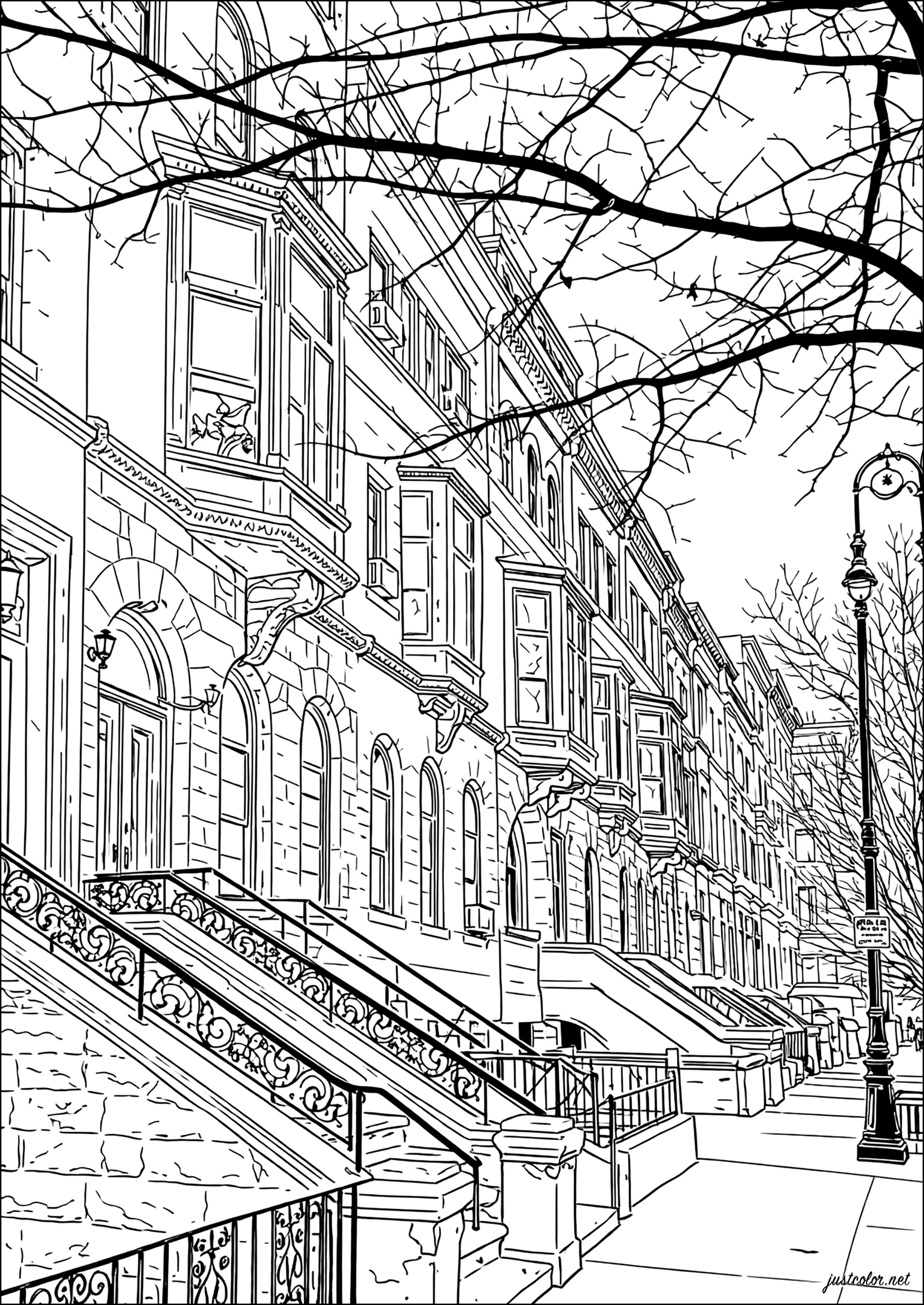 Harlem und eine Straße mit Brownstones (Ausmalbild von New York zum Ausdrucken und Ausmalen für Erwachsene)