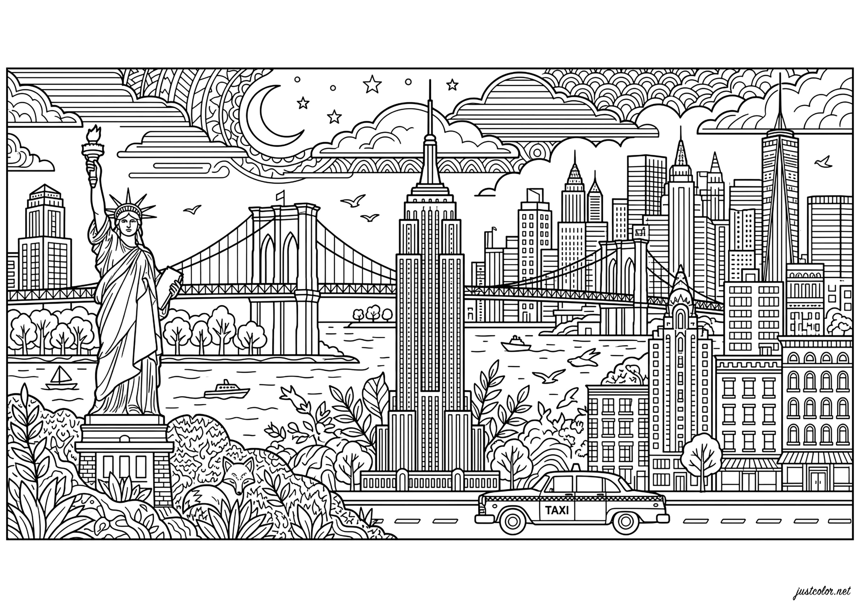 Silhouetten von New York (Ausmalbild zum Ausdrucken und Ausmalen für Erwachsene)