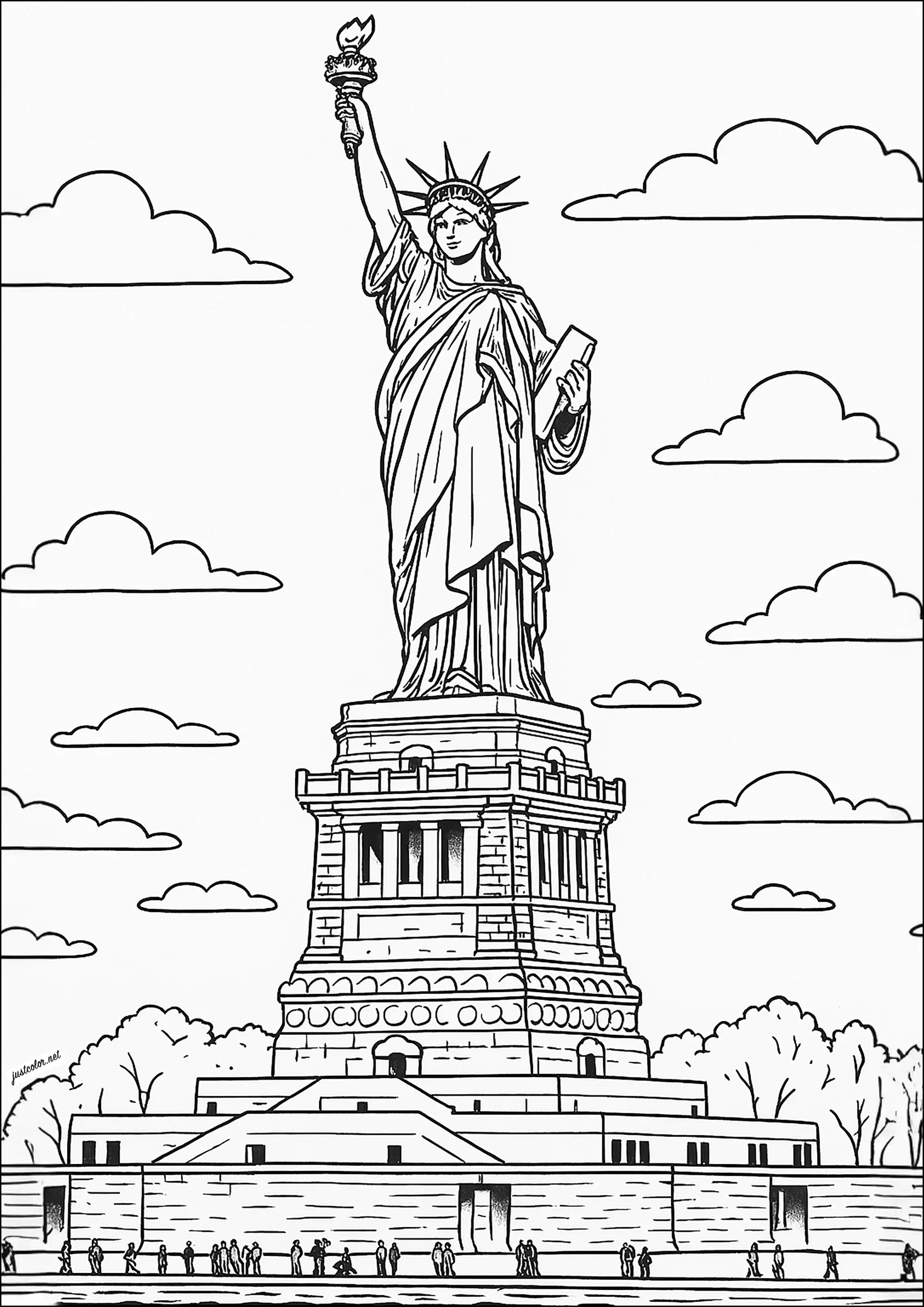 Die Freiheitsstatue: Frankreichs Geschenk an die Vereinigten Staaten (Ausmalbild von New York zum Ausdrucken und Ausmalen für Erwachsene)