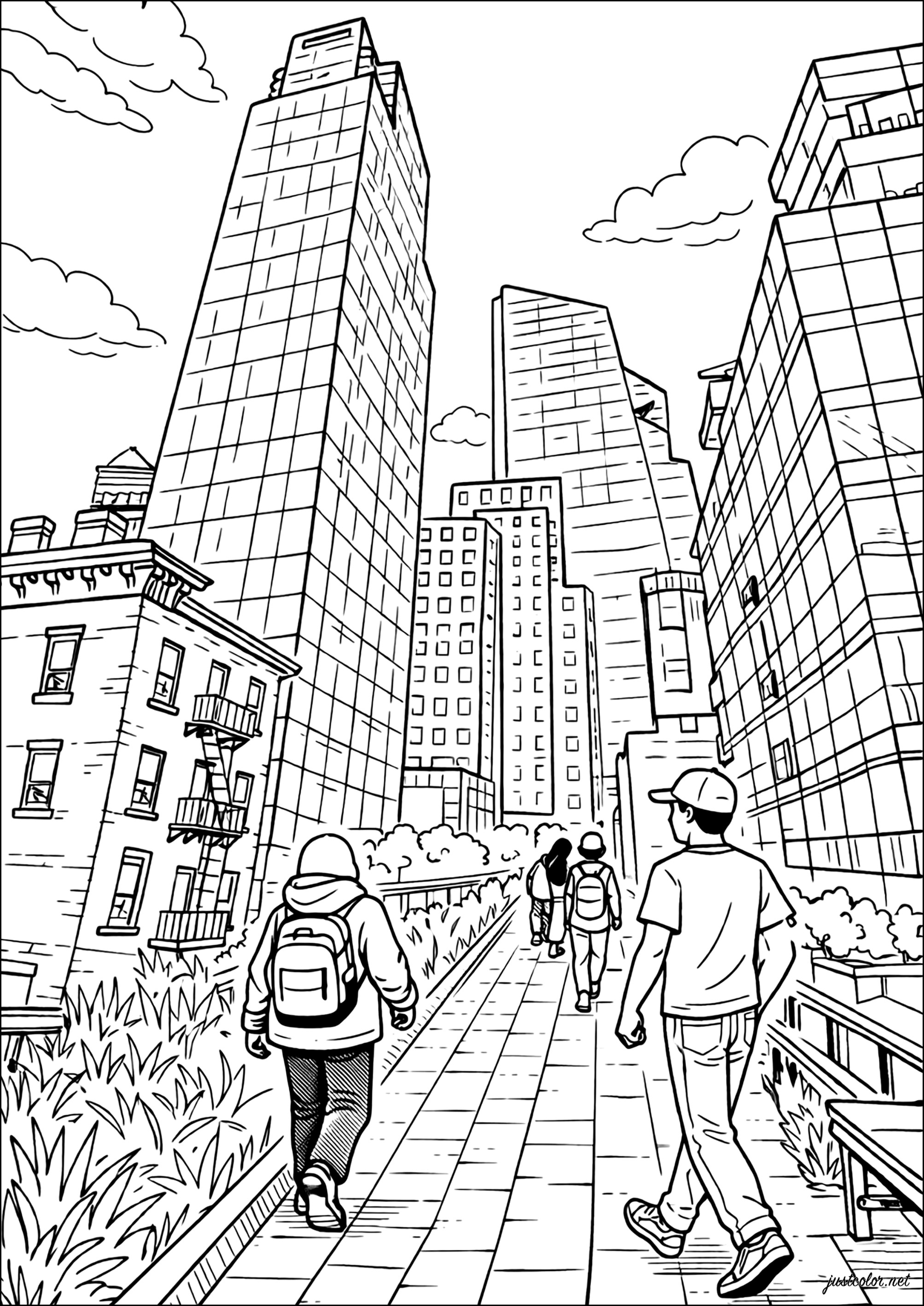 Ein Spaziergang entlang der New Yorker High Line (Ausmalbild von New York zum Ausdrucken und Ausmalen für Erwachsene)