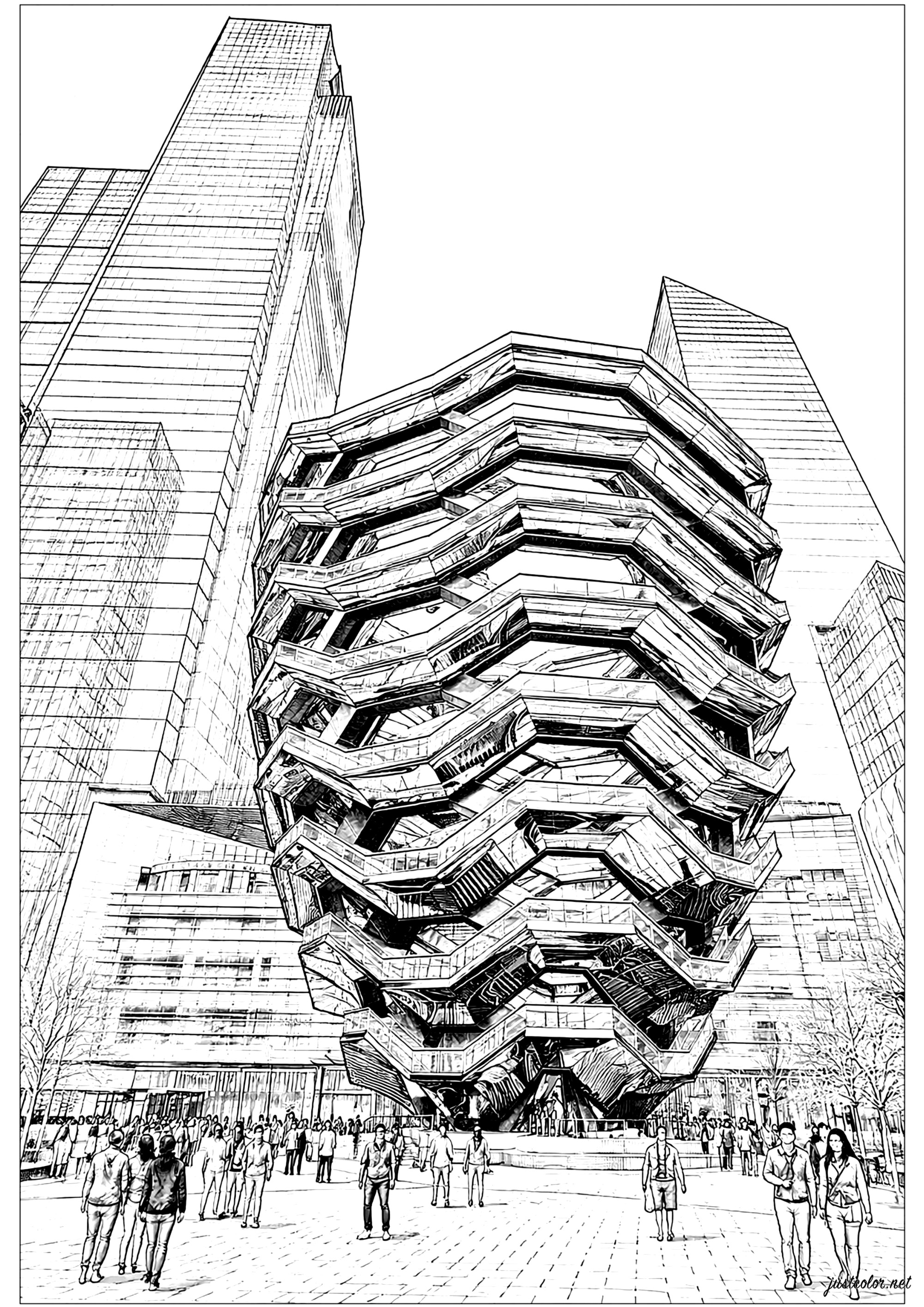 Das Schiff von New York - Monumentale zeitgenössische Architektur (Ausmalbild zum Ausdrucken und Ausmalen für Erwachsene)