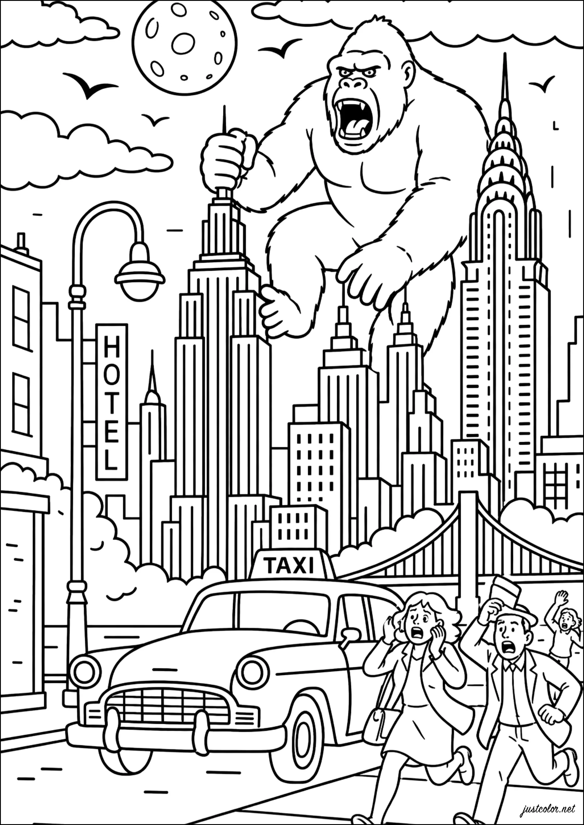 King Kong kommt in New York an und ist sehr wütend. (Ausmalbild zum Ausdrucken und Ausmalen für Erwachsene)