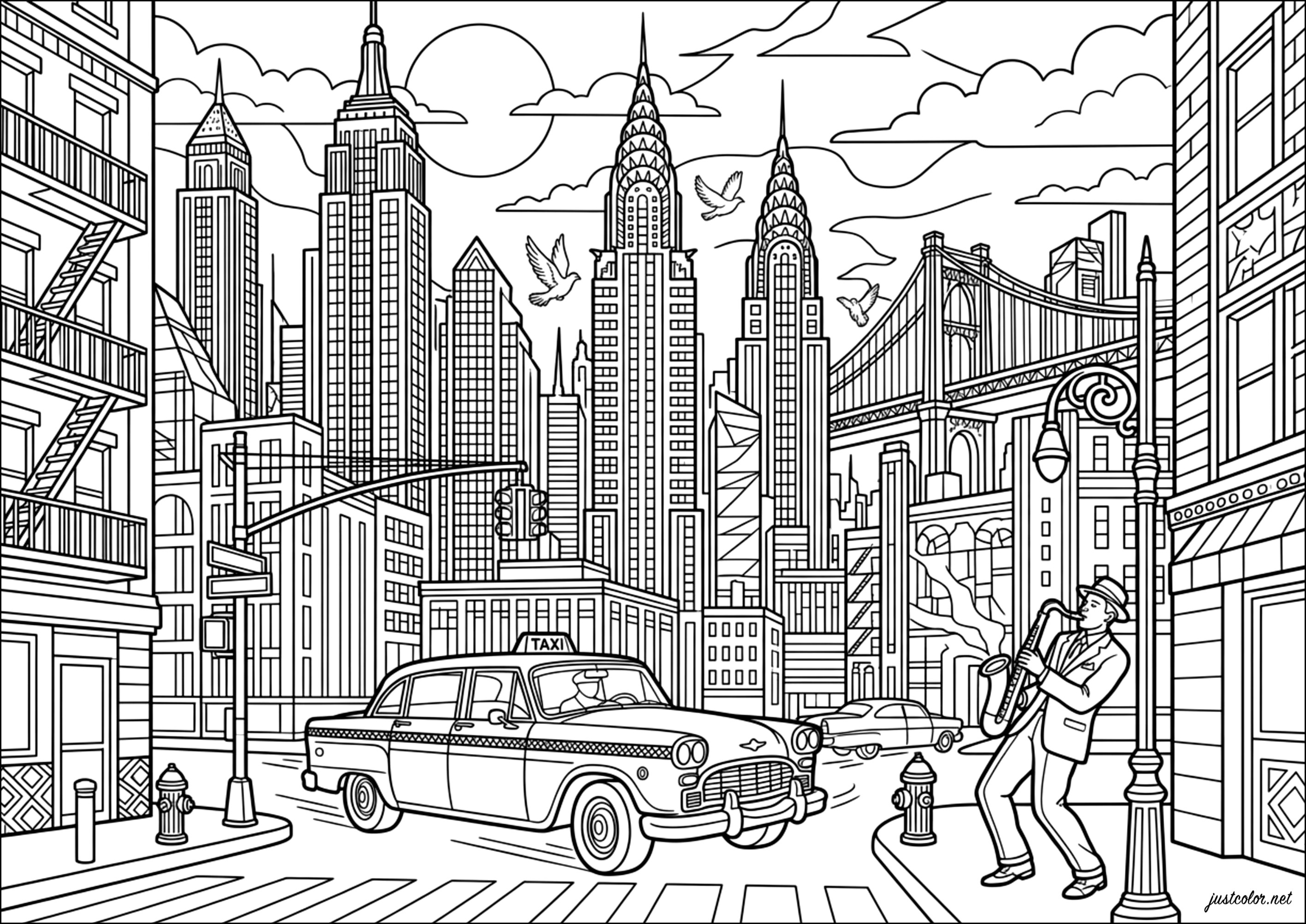 Art Deco Nachtszene (Ausmalbild von New York zum Ausdrucken und Ausmalen für Erwachsene)