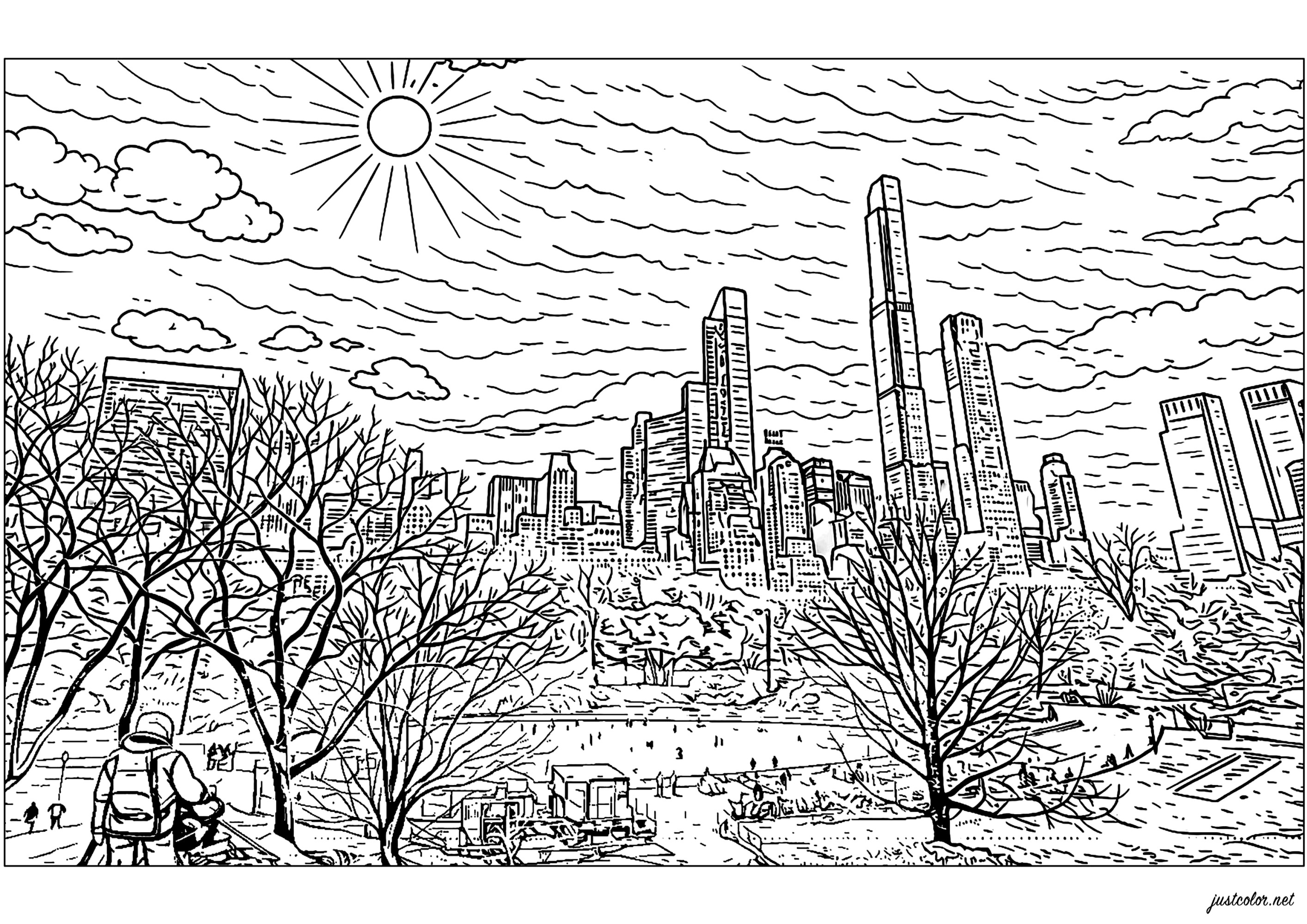 Panorama des Central Park im Herzen von New York (Ausmalbild zum Ausdrucken und Ausmalen für Erwachsene)