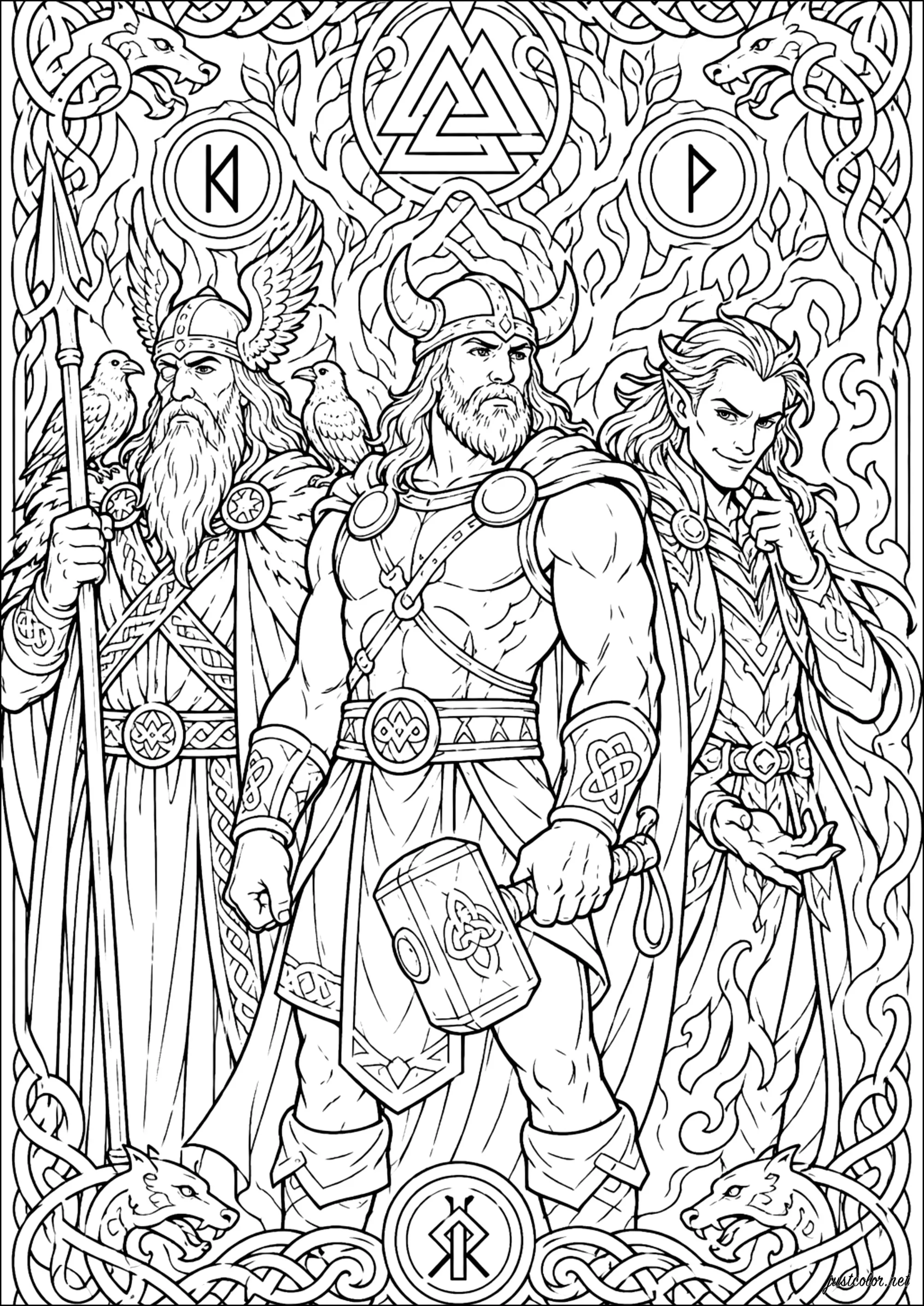 Nordische Triade: Odin, Thor und Loki (Ausmalbild von Norse Mythology zum Ausdrucken und Ausmalen für Erwachsene)