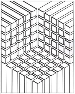 Das Treffen von drei kubischen symmetrischen und geometrischen Strukturen (Ausmalbild von Op Art zum Ausdrucken und Ausmalen für Erwachsene)