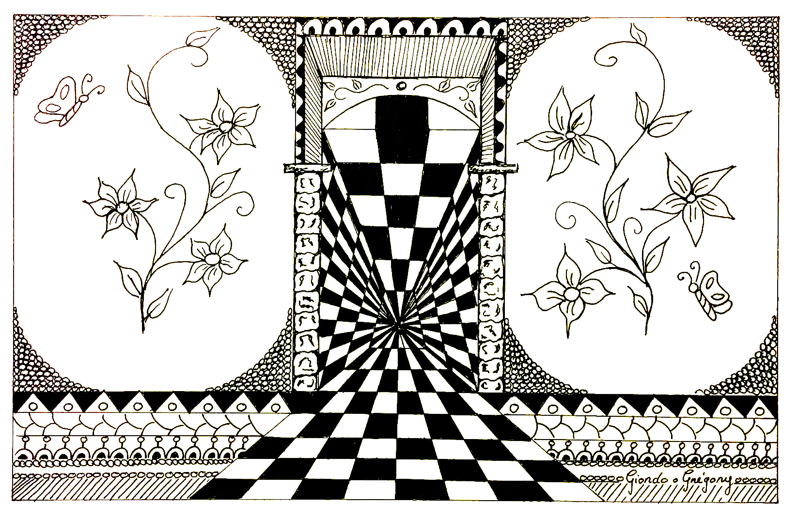 Ein temporales Portal oder nur eine optische Illusion? (Ausmalbild von Op Art zum Ausdrucken und Ausmalen für Erwachsene)