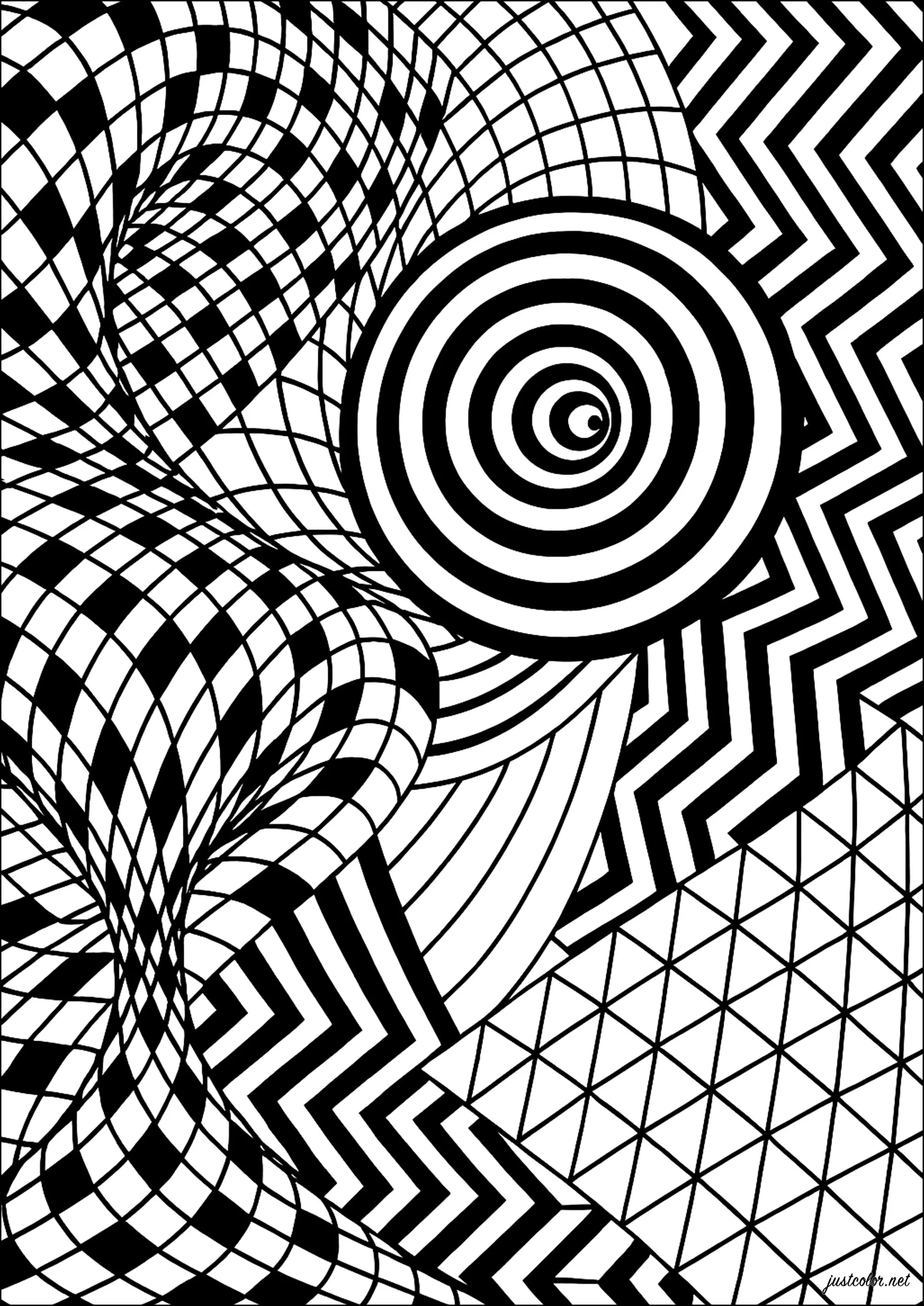 Schwarz-weiße geometrische optische Illusionen (Ausmalbild von Op Art zum Ausdrucken und Ausmalen für Erwachsene)