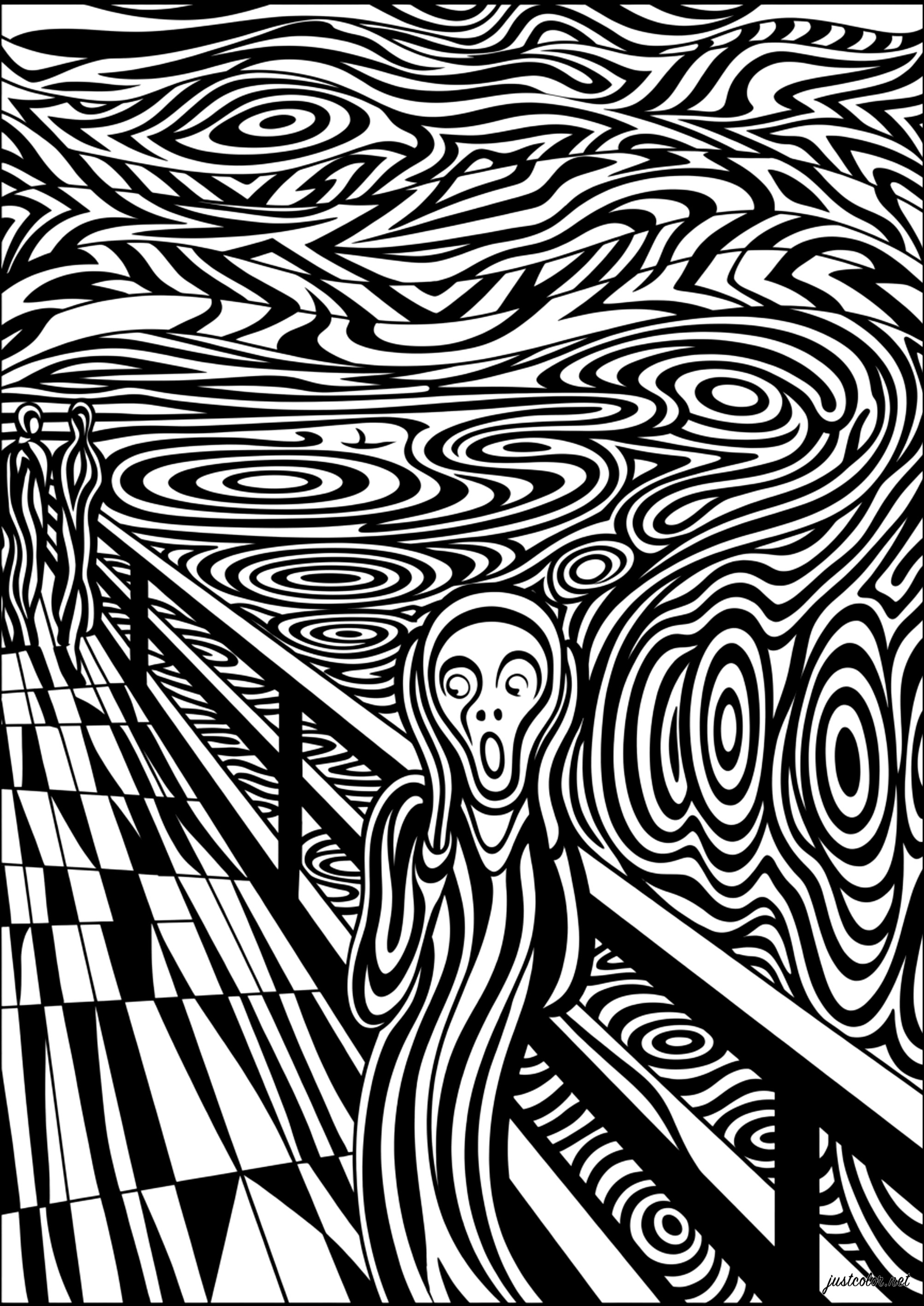 Überarbeitete Vision von Le Cri: Hypnotische Einsicht und verzerrter Ausdruck (Ausmalbild von Op Art zum Ausdrucken und Ausmalen für Erwachsene)