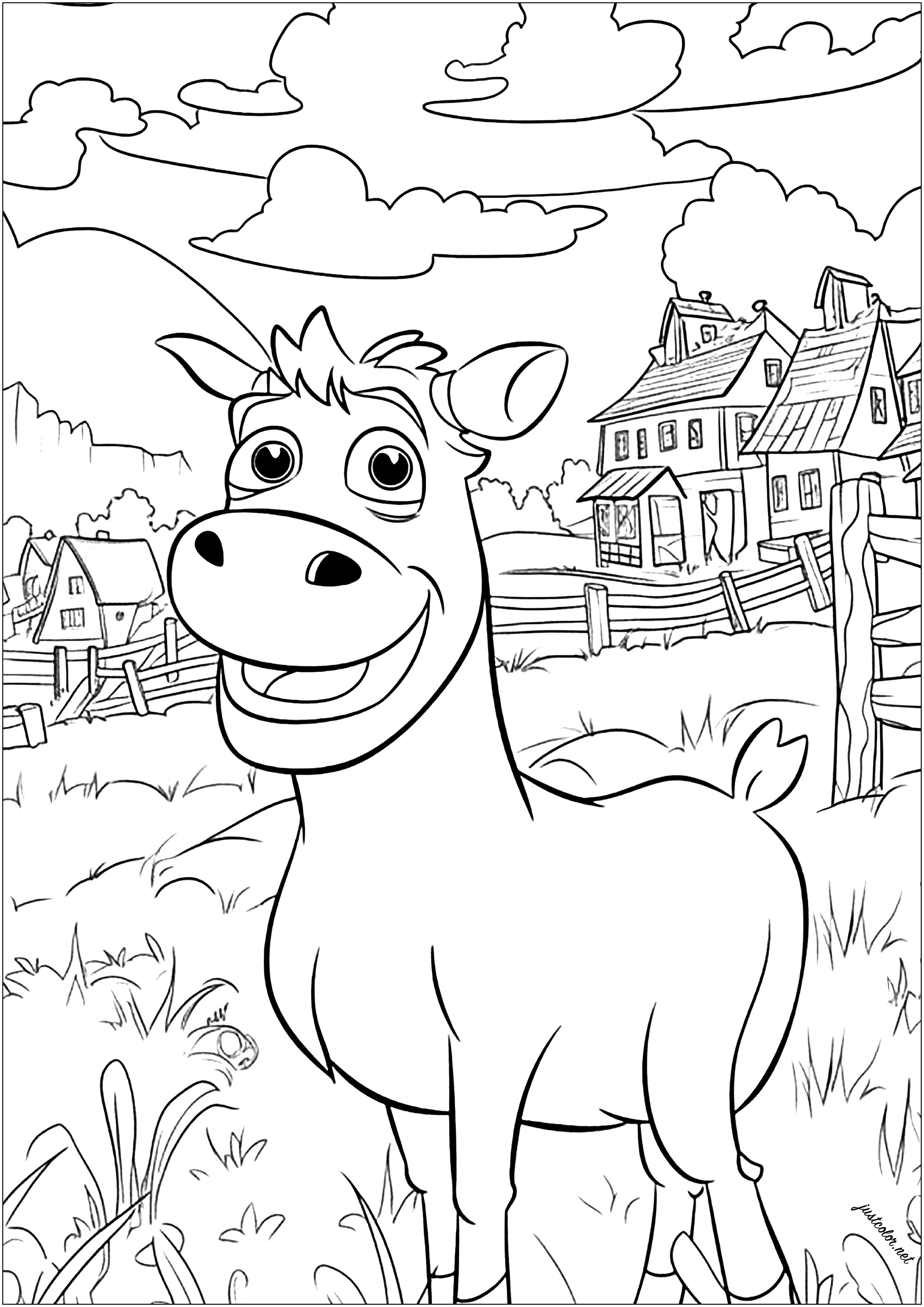 Hübsche Kuh zum Ausmalen. Diese freundliche Kuh steht auf ihrer Wiese mit hohem Gras, mit Häusern und einem traditionellen Bauernhof im Hintergrund.