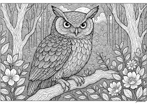 Nachtfalke und verzauberter Wald (Ausmalbild von Eulen)