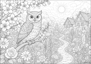 Der Hüter des Blühenden Gartens (Ausmalbild von Eulen)